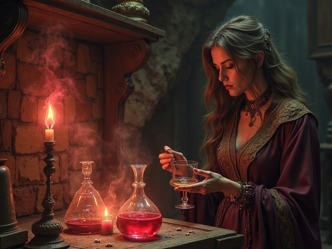 Elegant woman in red gown in candlelit setting