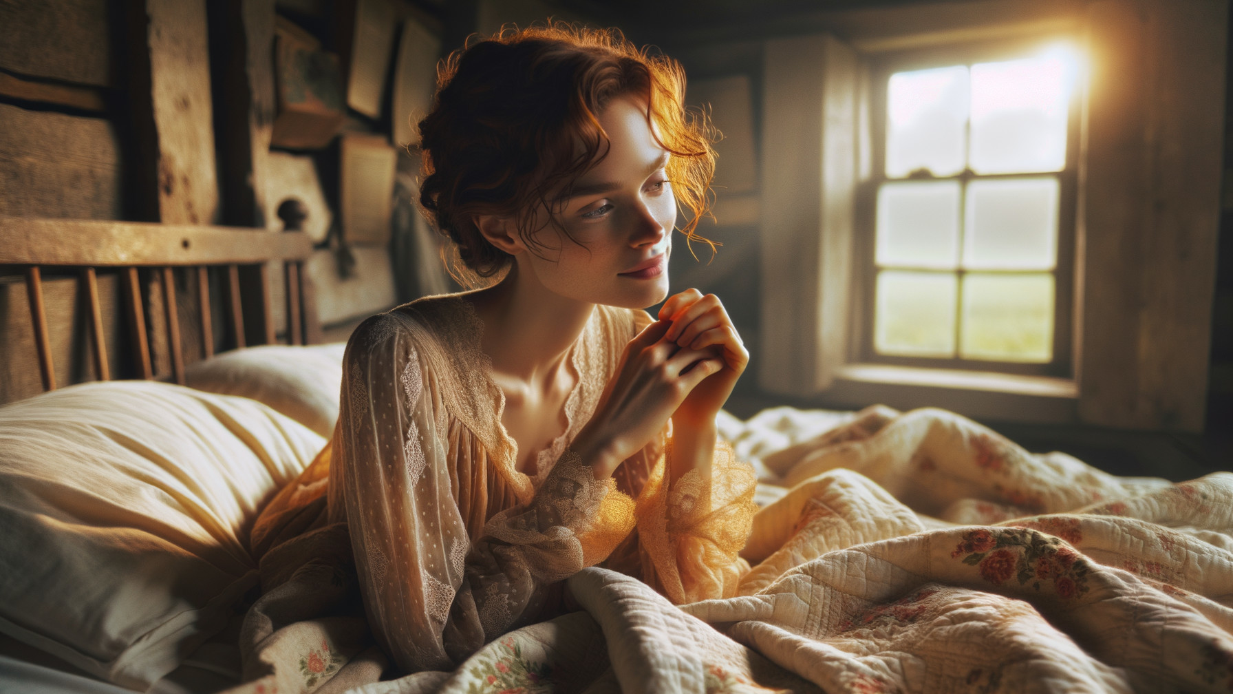 Young woman with red hair in a cozy room setting