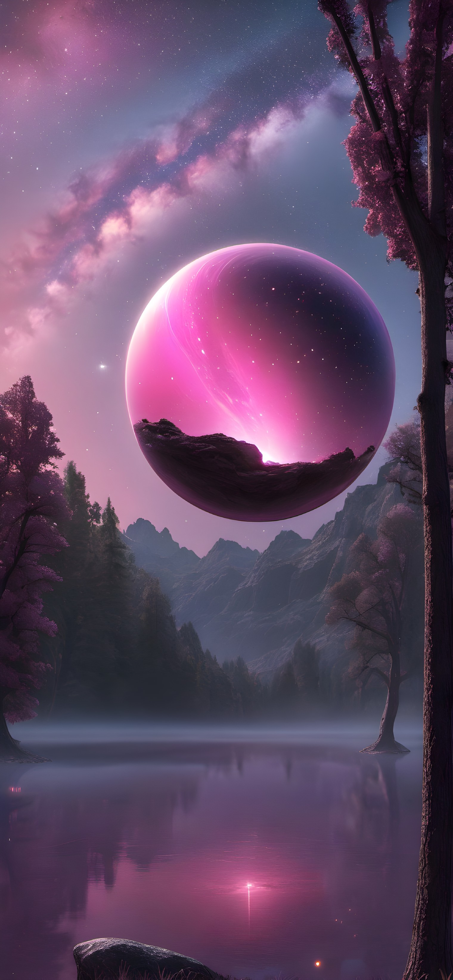 Serene Landscape with Glowing Pink Sphere Over Lake