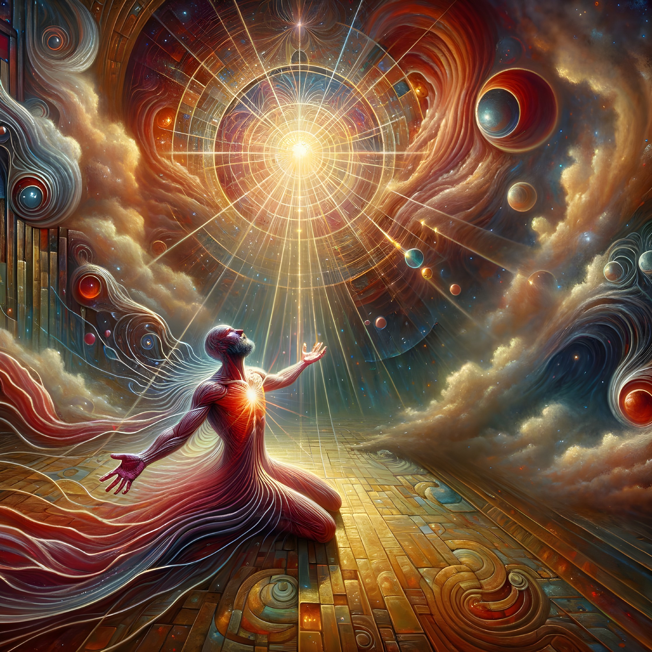 Person in red gown reaches cosmic galaxies and nebulas