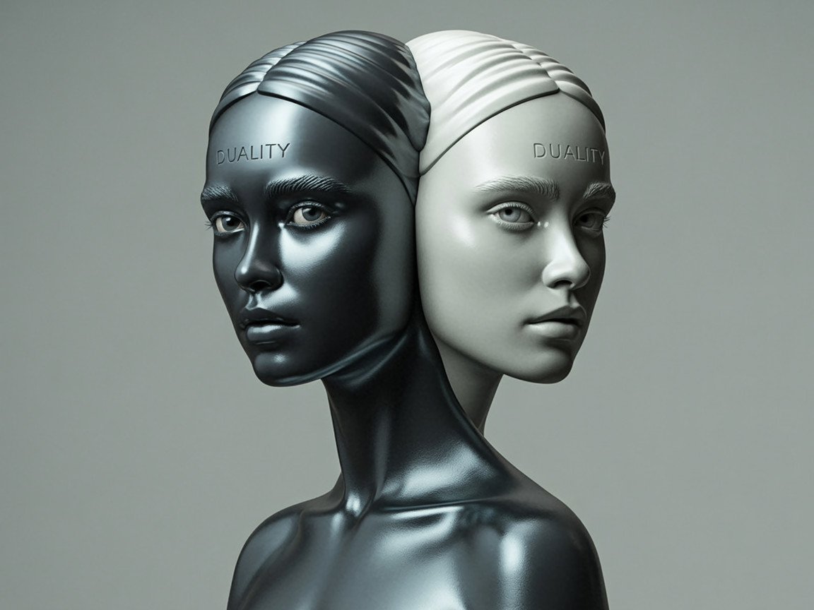 Sculpture of Two Female Heads in Black and White Finish