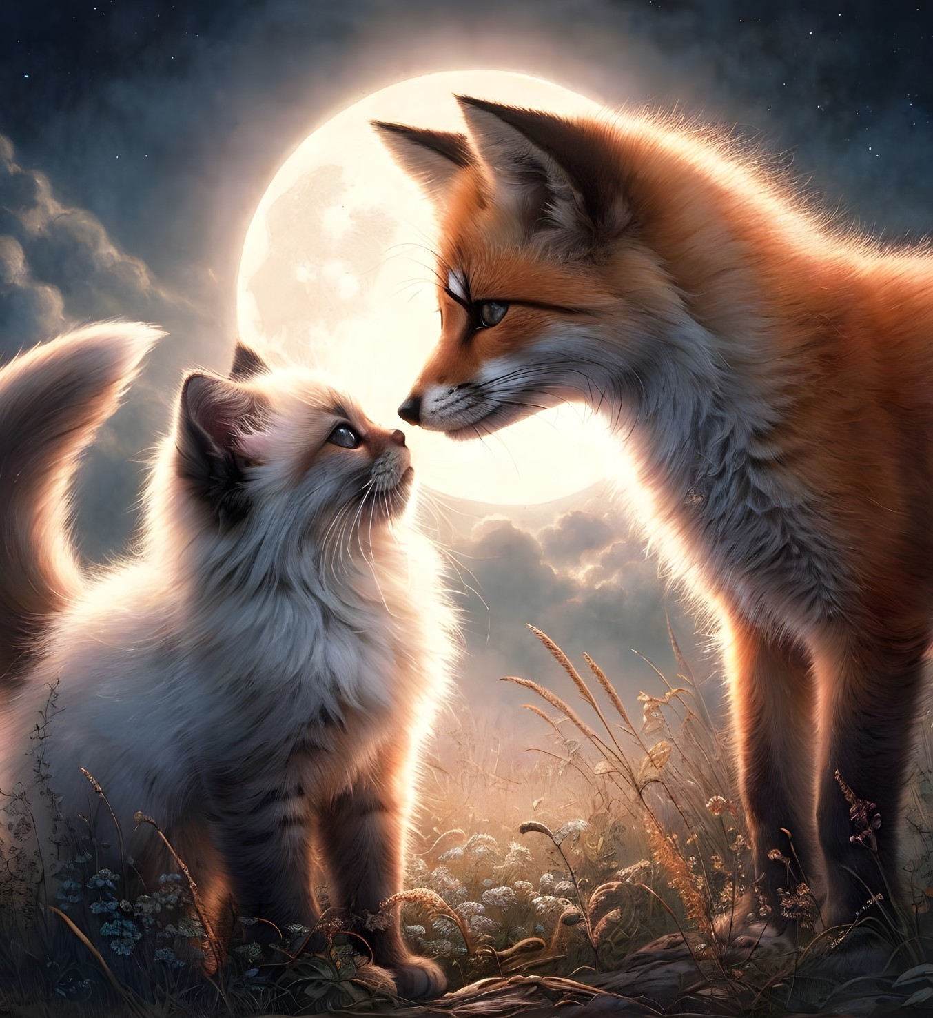 Fox and Kitten in a Moonlit Serene Landscape
