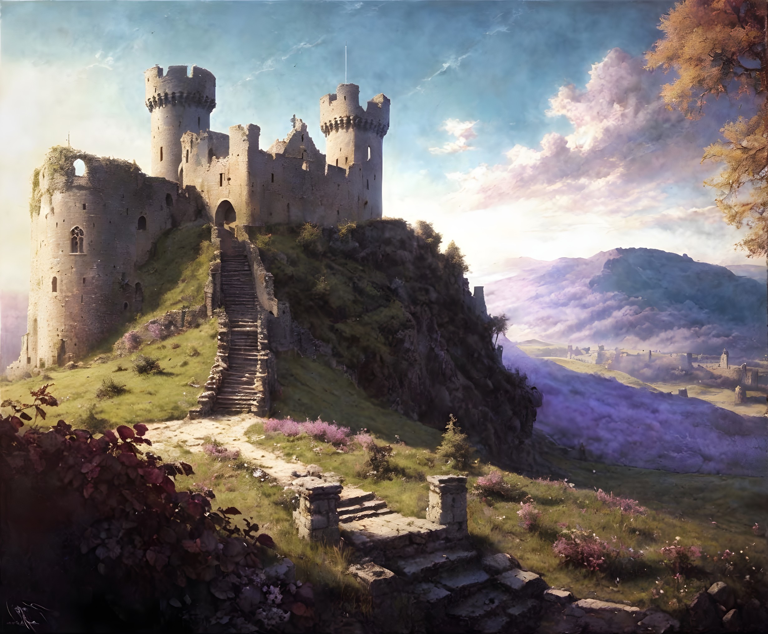 Majestic castle atop a hill with vibrant landscape
