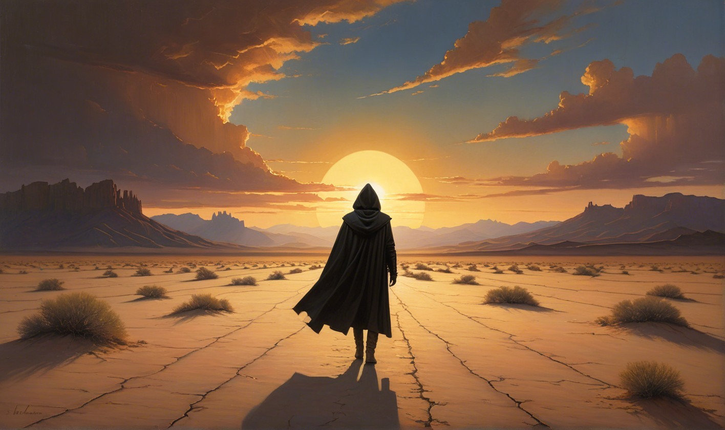 Solitary Figure in Cloak Against Desert Sunset