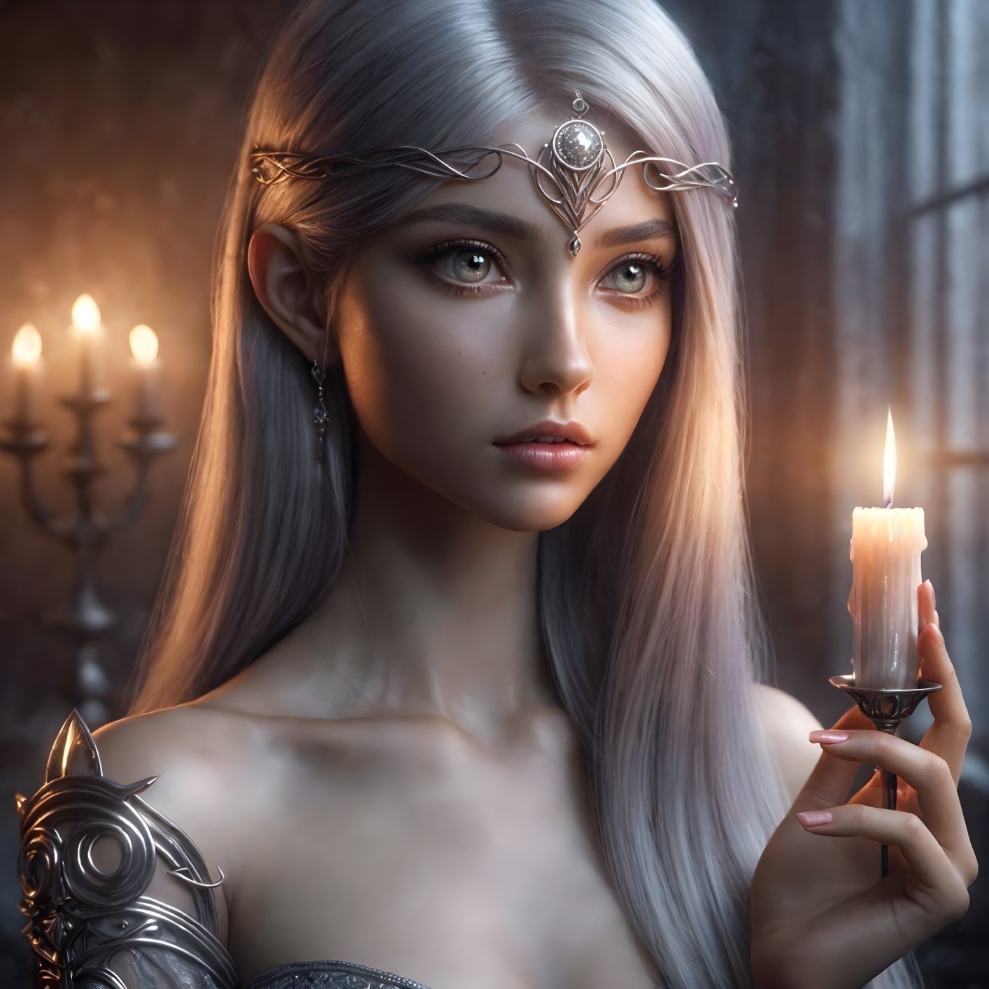 Young woman with silver hair and ornate headpiece