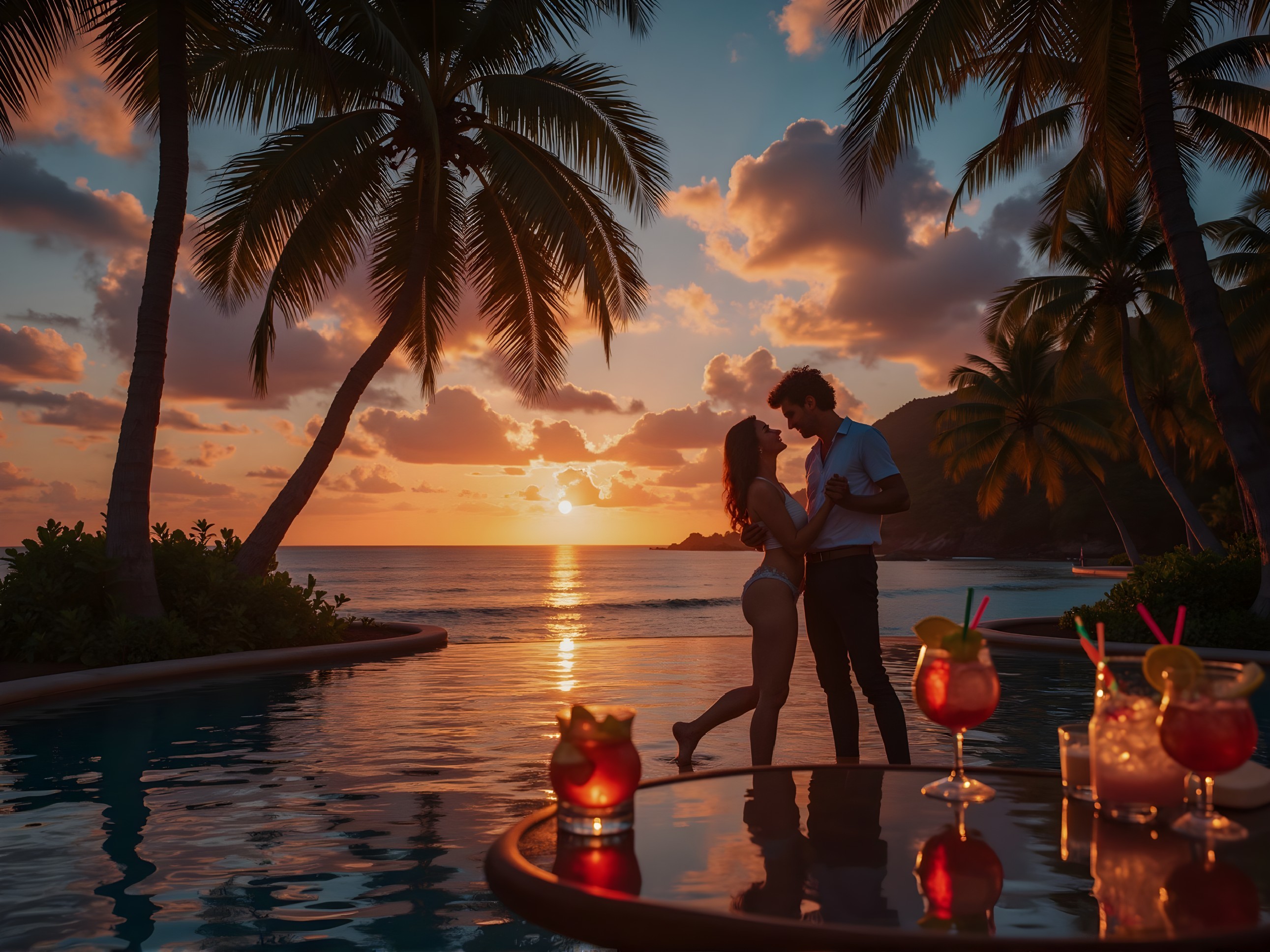Romantic Sunset at Tropical Beach Resort with Couple