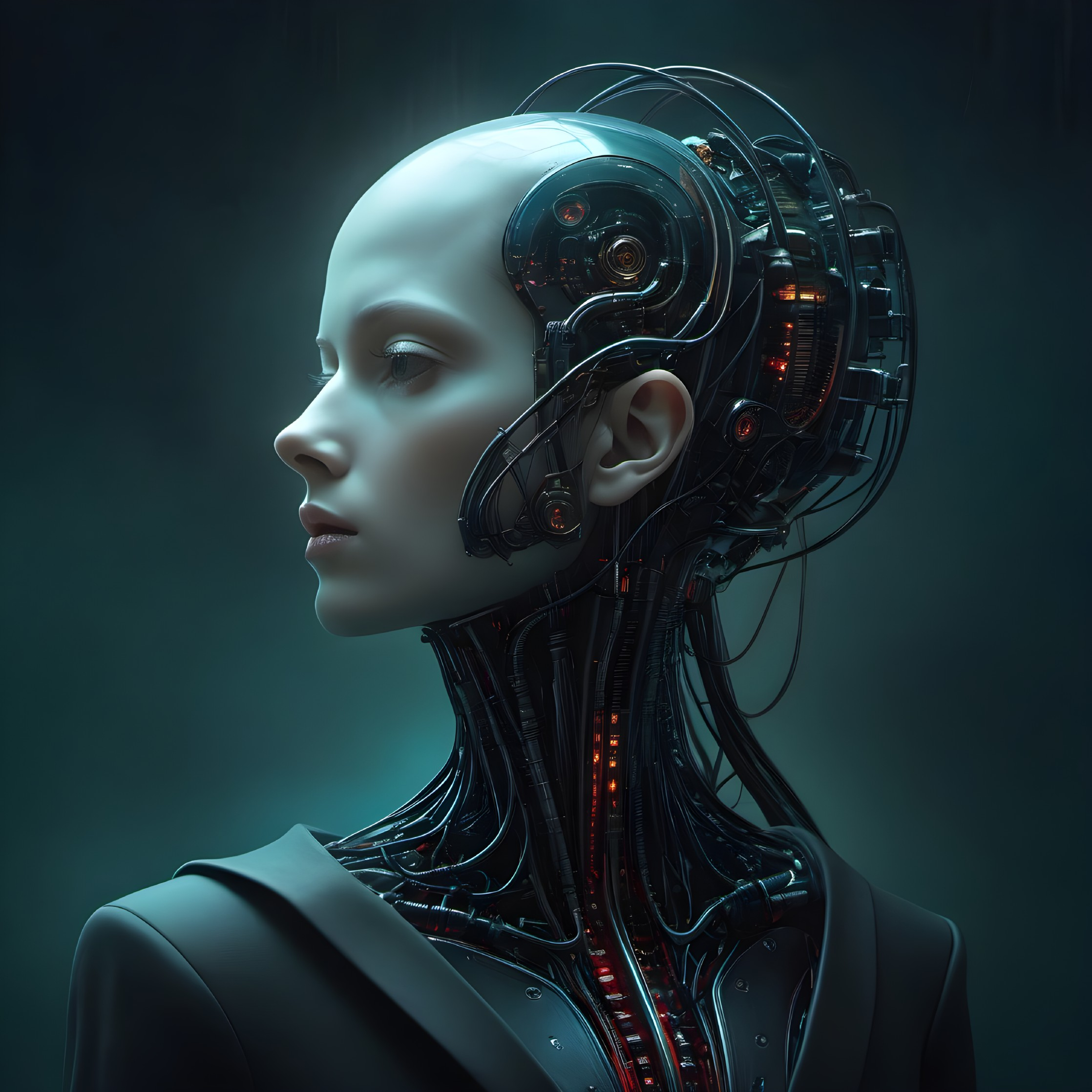 Humanoid Robot with Mechanical Head and Red Glows