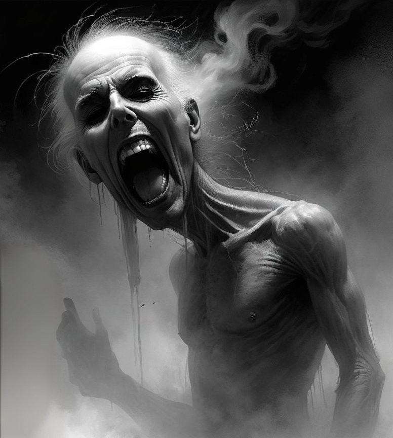 Eerie Figure with Skeletal Face and Ethereal Smoke