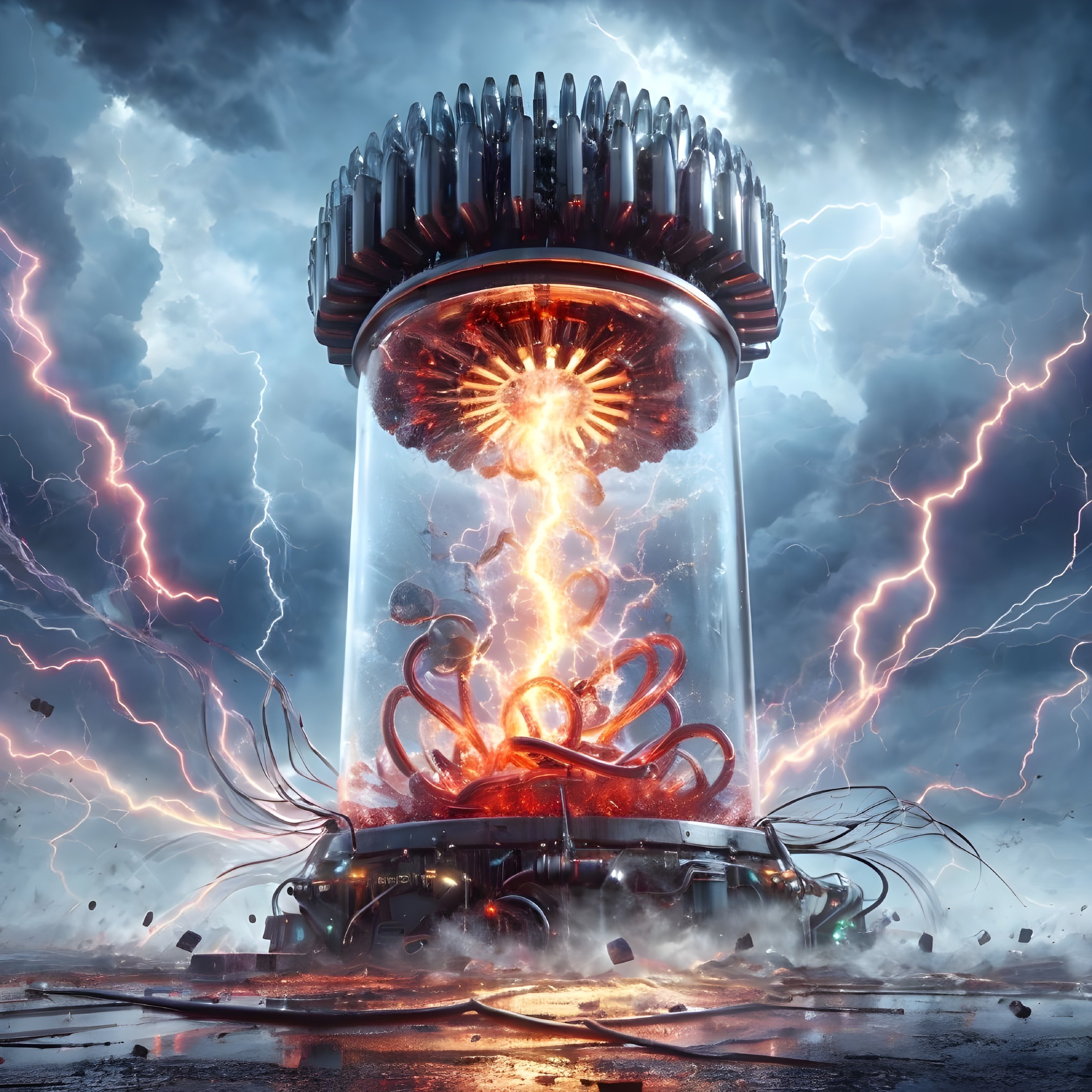 Sci-fi energy device with glowing core and tentacles