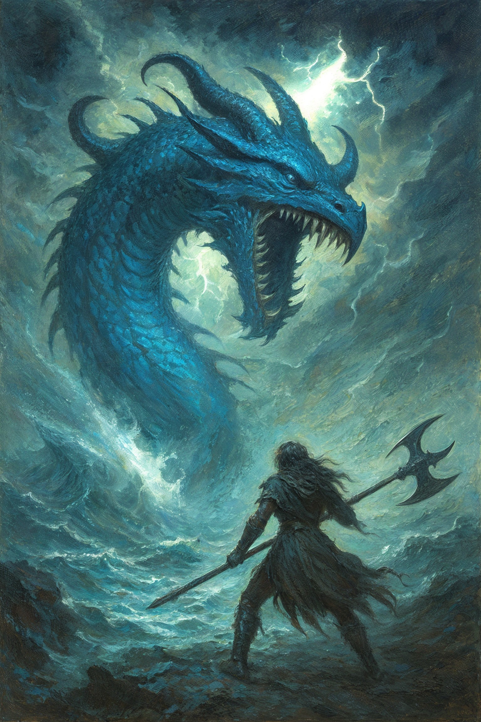Epic Confrontation of Warrior and Dragon in Stormy Landscape