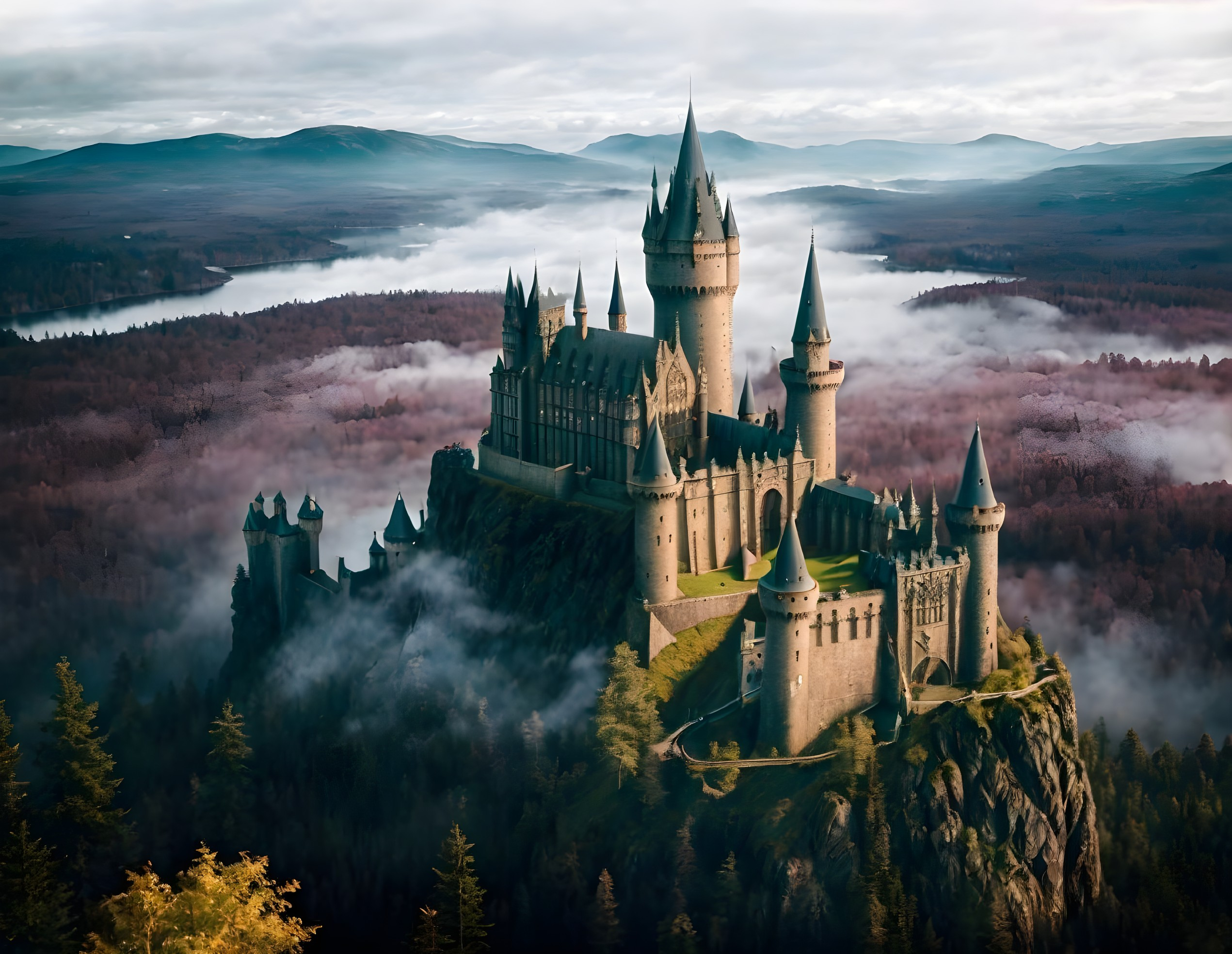 Majestic castle on rocky cliff in forest with low-lying clouds