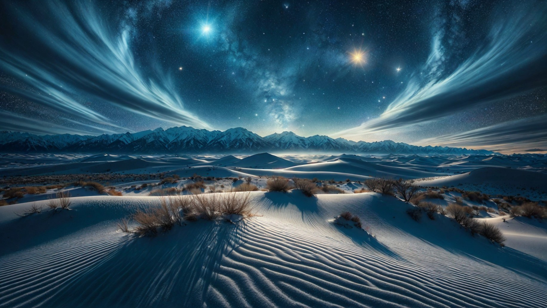 Vast Desert Landscape Under Starry Night Sky