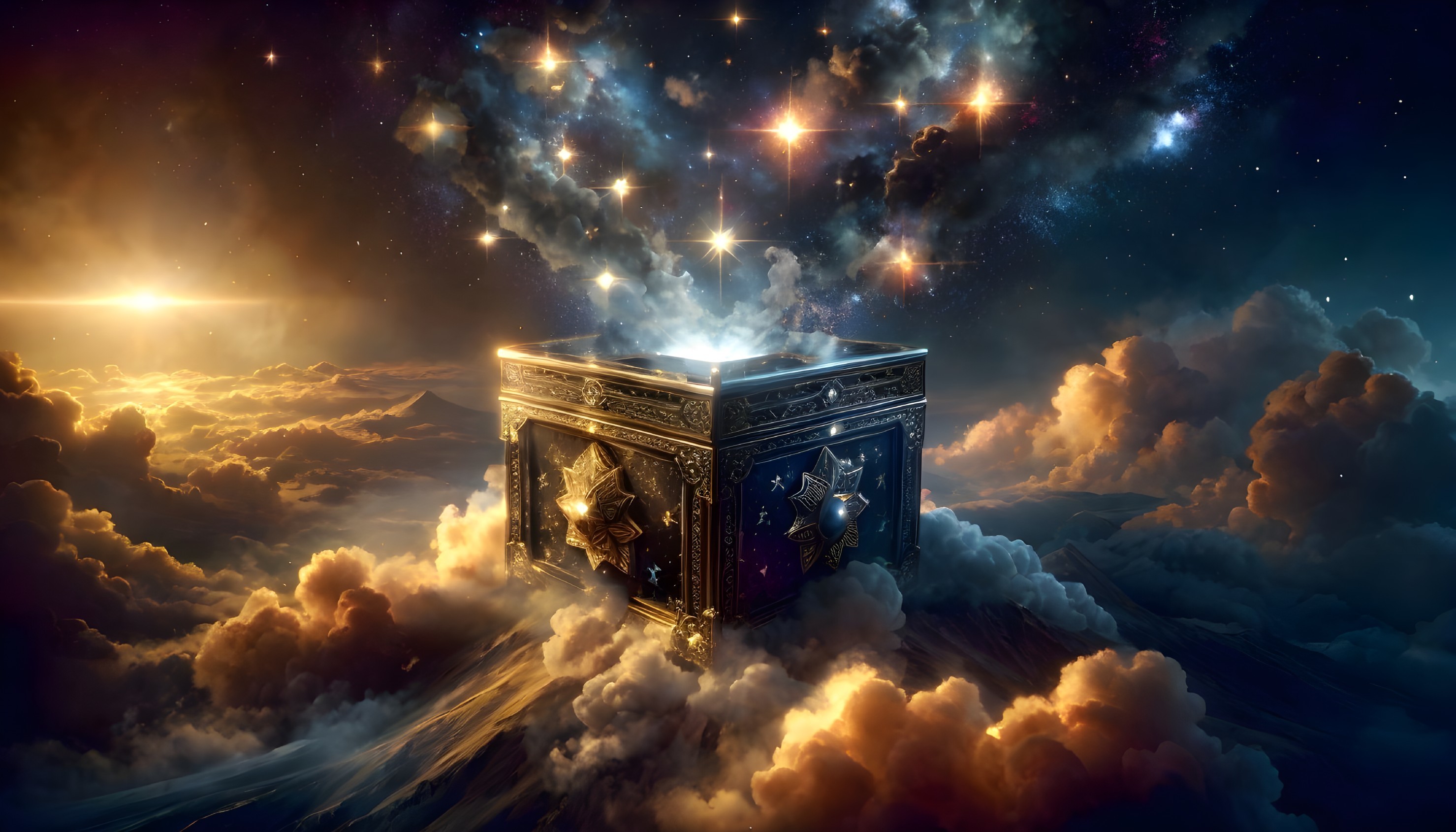 Ornate box floating above clouds with cosmic elements
