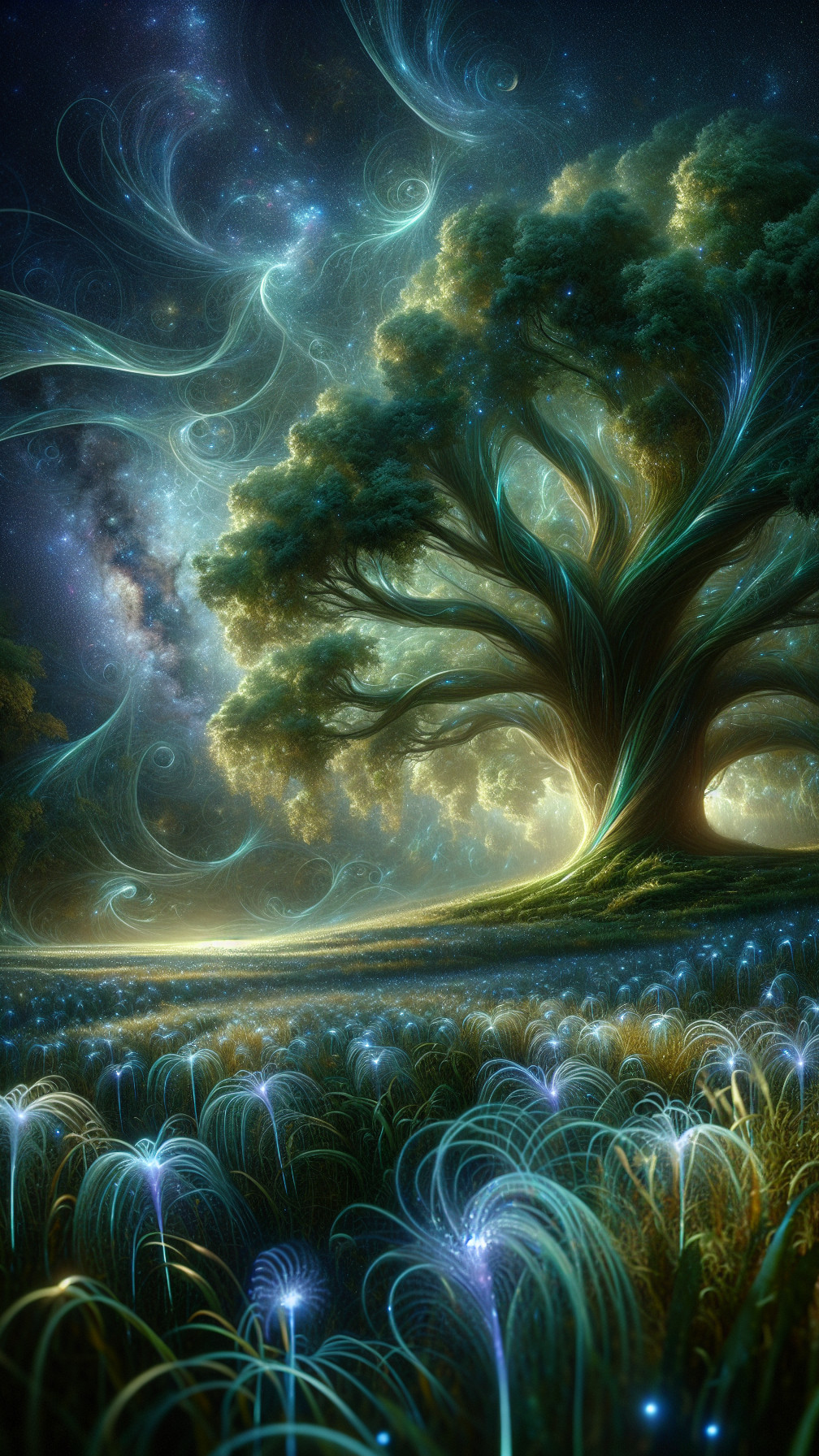 Mystical Landscape with Grand Tree and Glowing Flowers