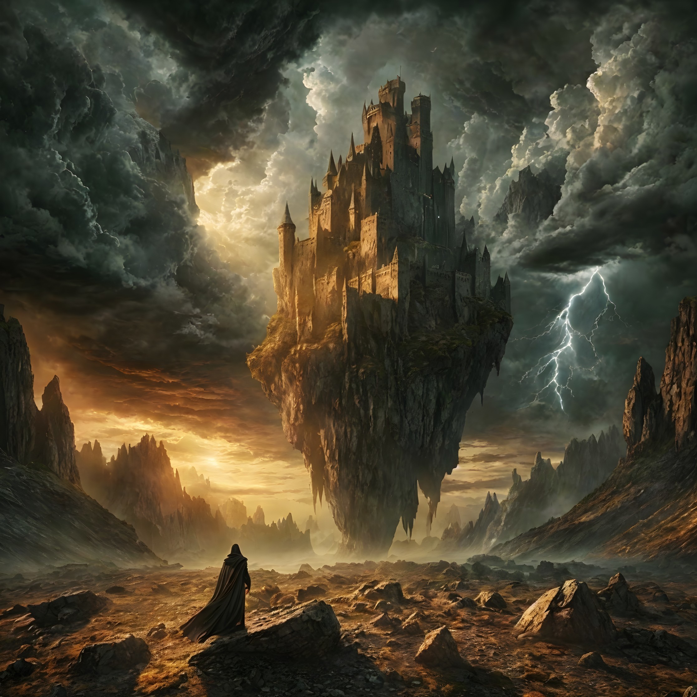 Dramatic landscape with floating castle and stormy skies
