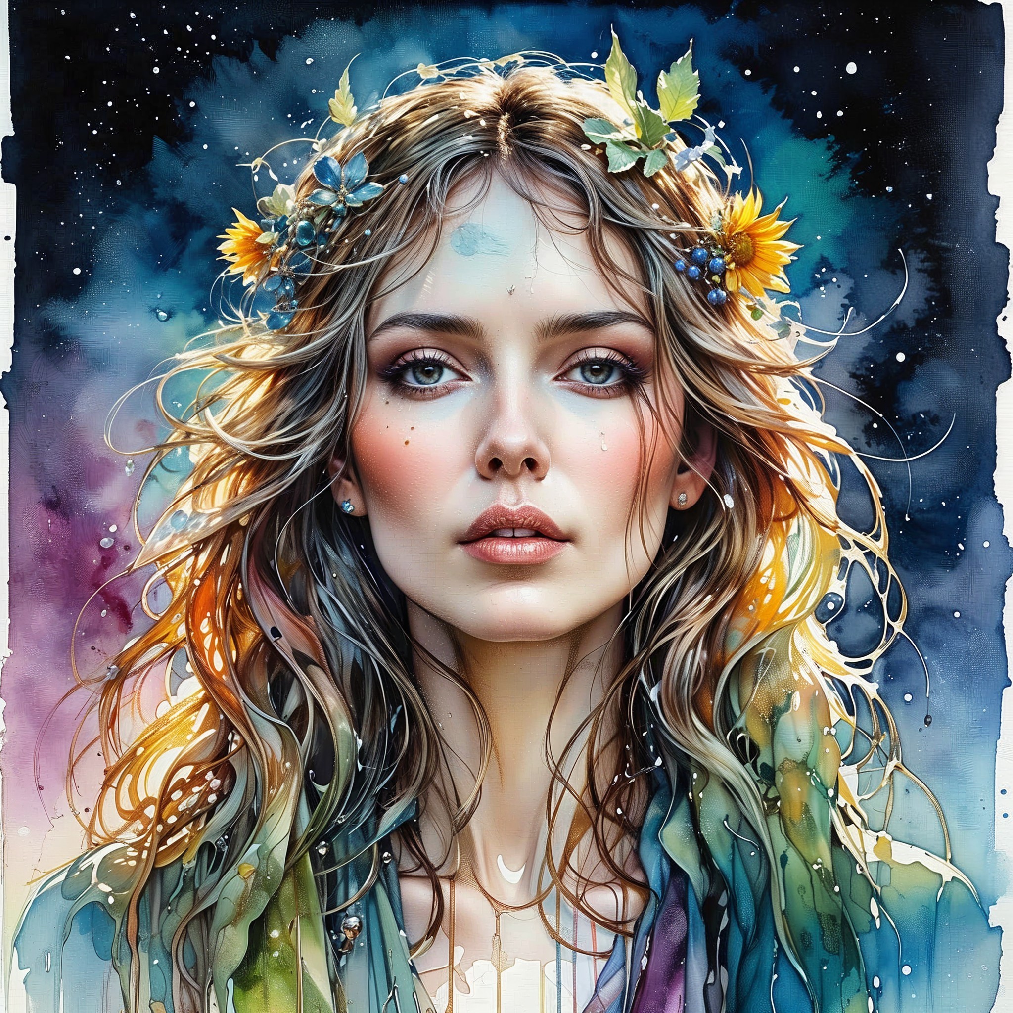 Portrait of a Young Woman with Flowers and Scarf
