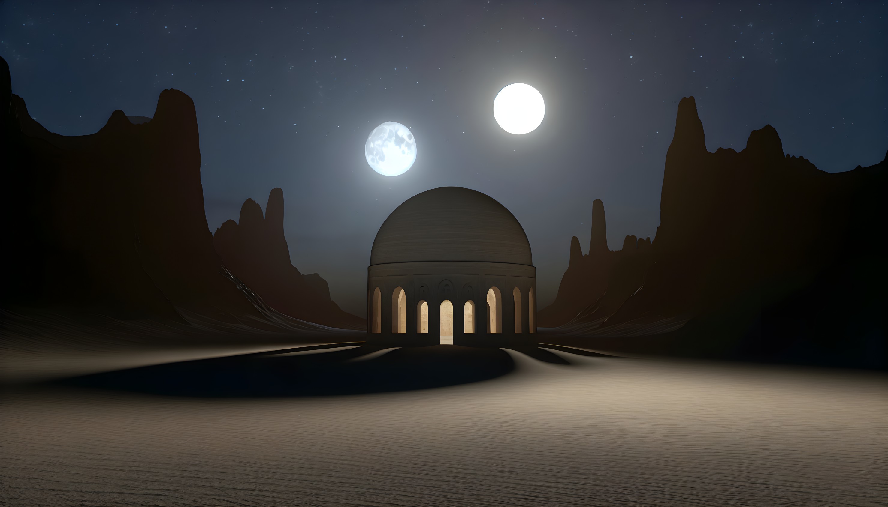 Serene Landscape with Dual Moons and Geometric Dome