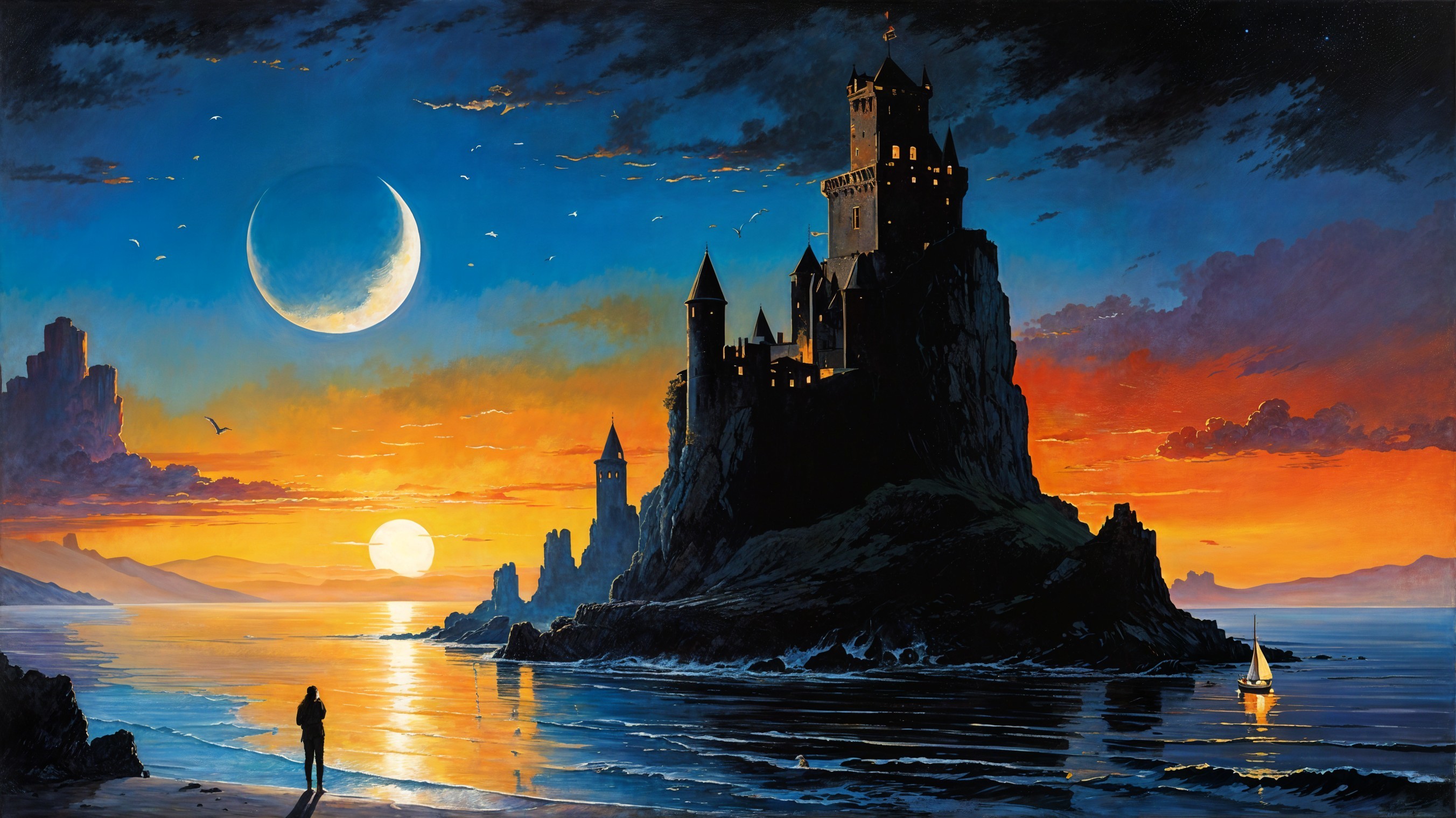 Majestic Castle on Rocky Island at Sunset