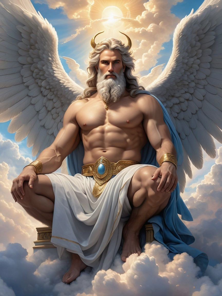 Majestic Figure with Wings and Halo in Clouds