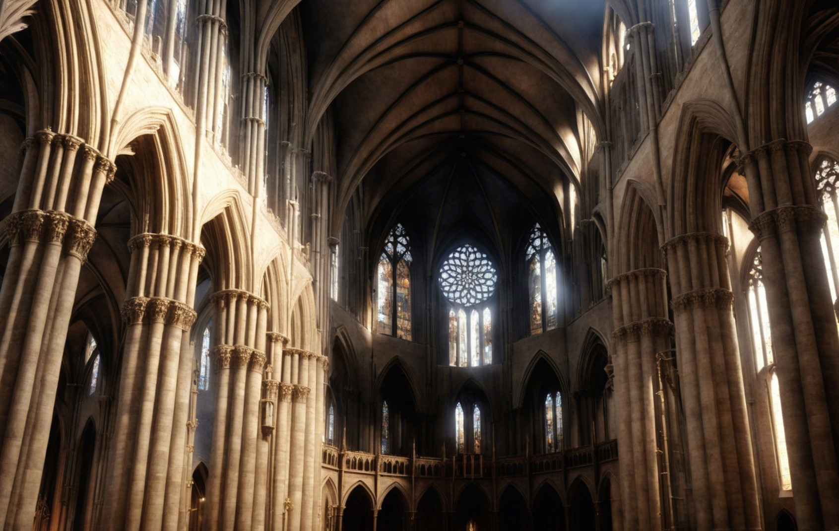 Interior of a Grand Gothic Cathedral with Stained Glass