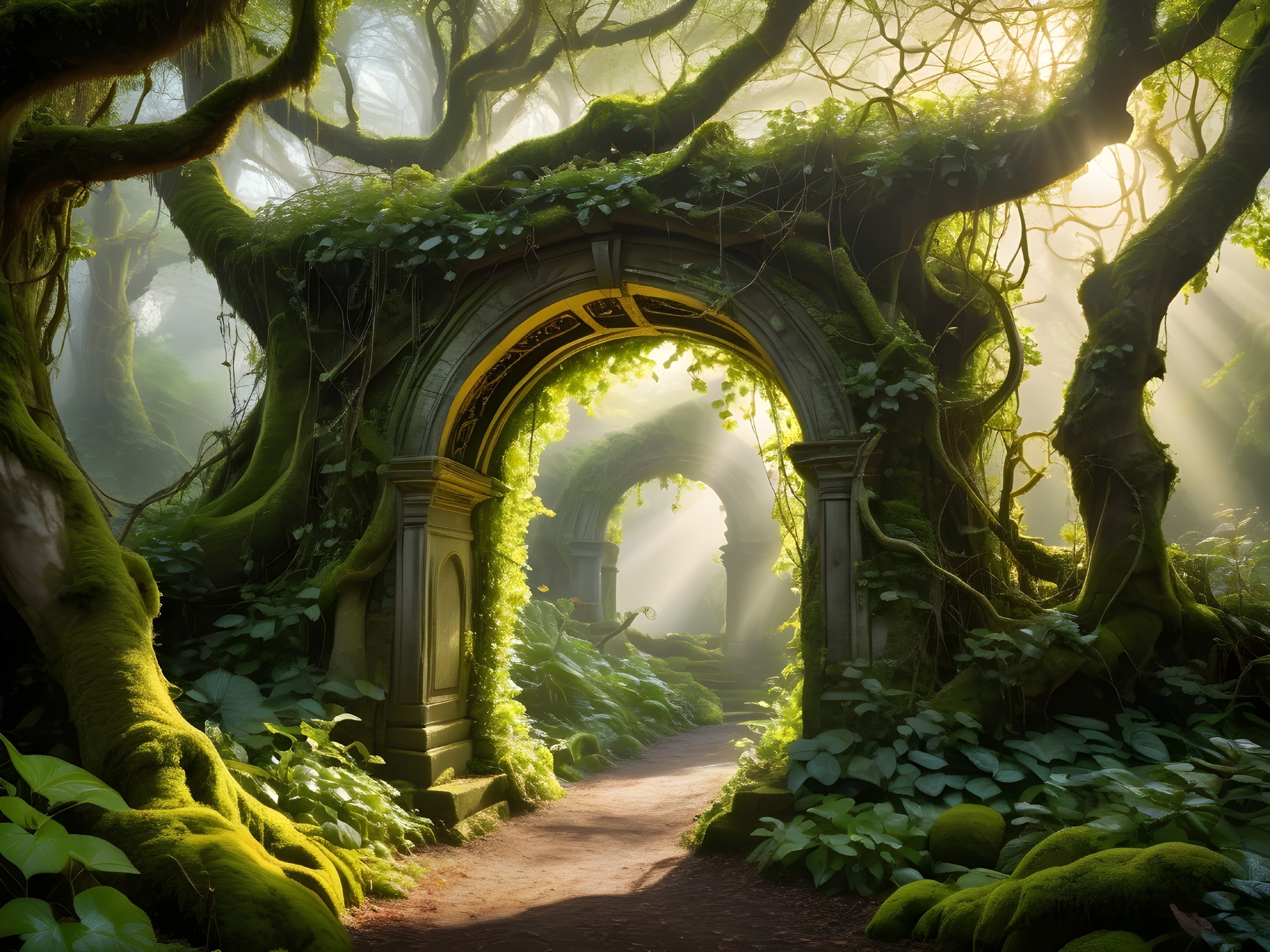 Mystical Forest with Stone Archway and Sunlight Beams