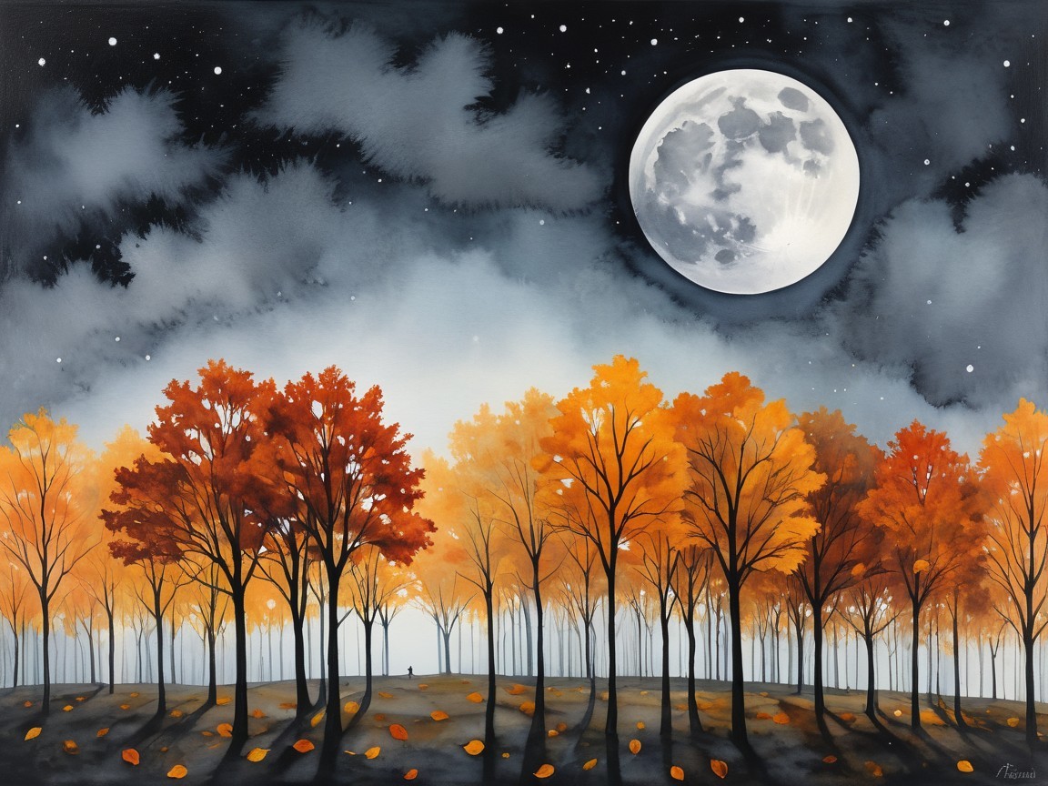 Autumn Landscape with Trees, Moon, and Solitary Figure