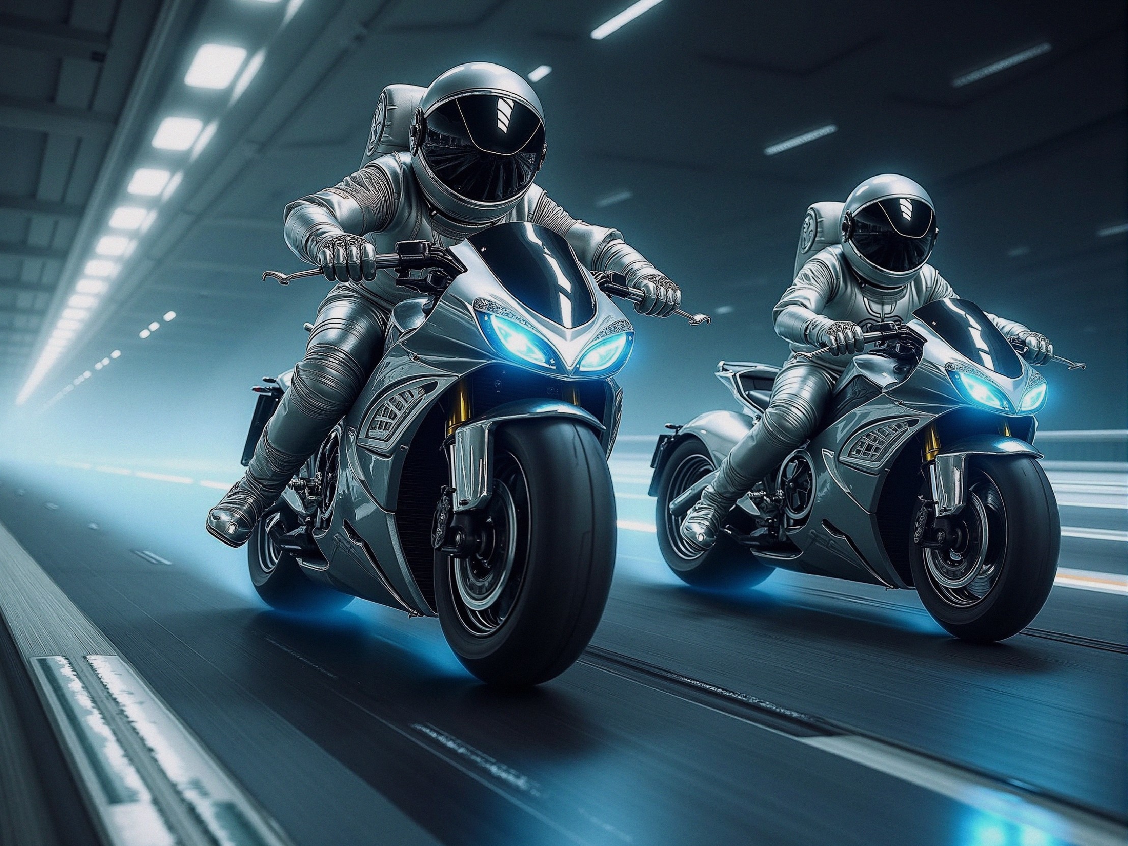 Futuristic Riders in High-Tech Motorcycles Racing