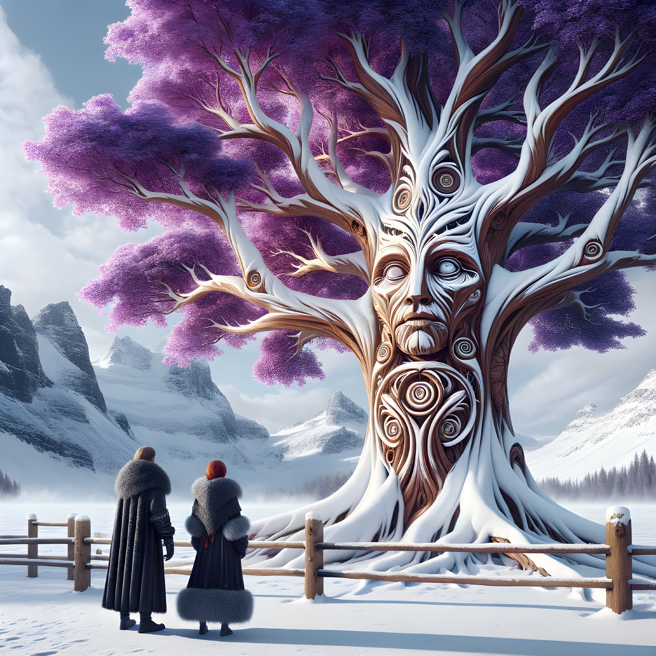 Mystical tree with face and purple leaves in snowy mountain landscape