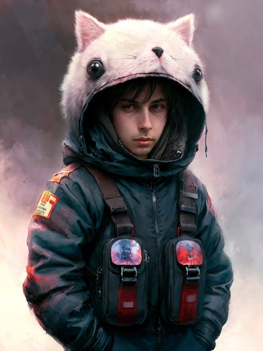 Close-Up Portrait of Person in Cat-Head Hooded Jacket