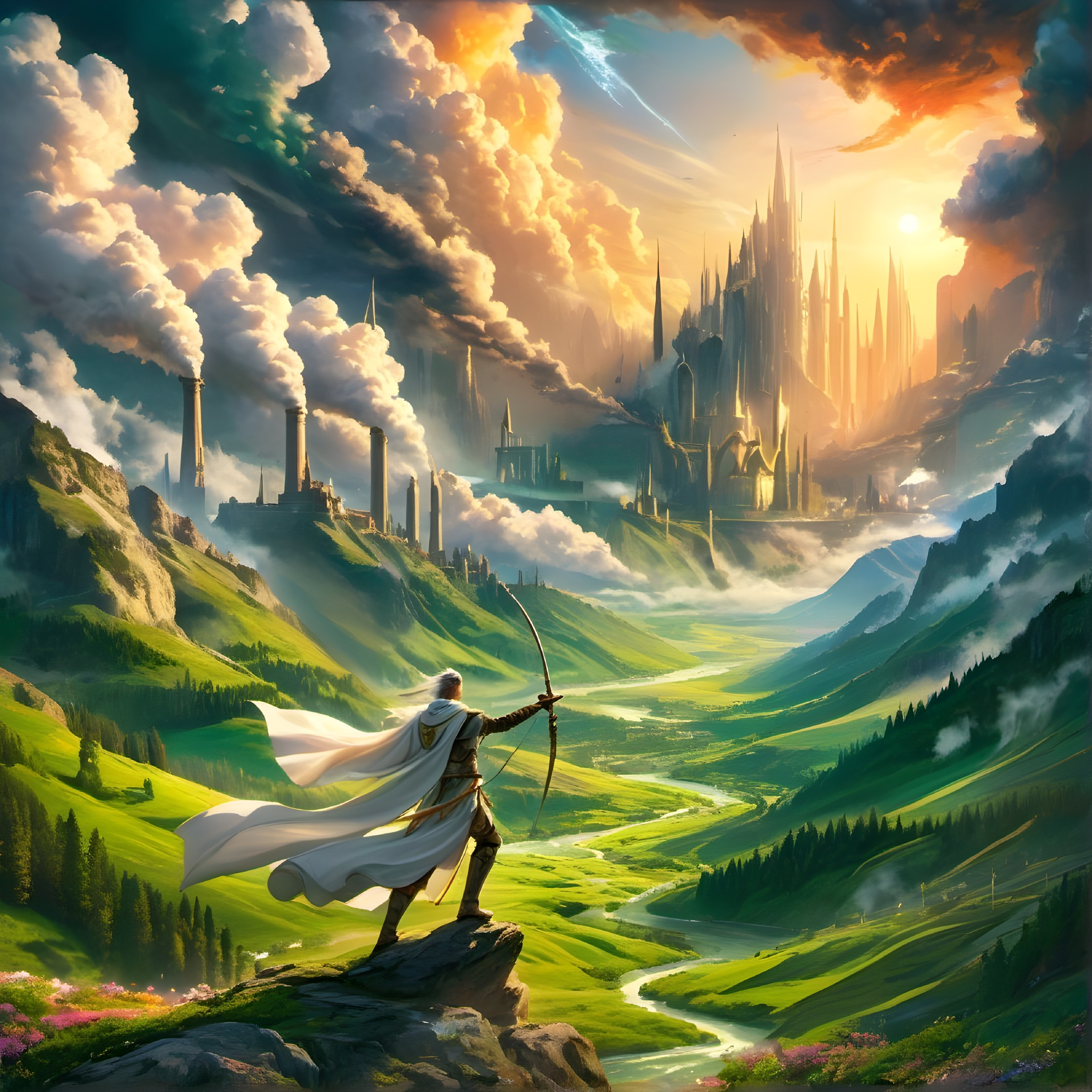 Hooded Figure Overlooking Fantastical City Landscape