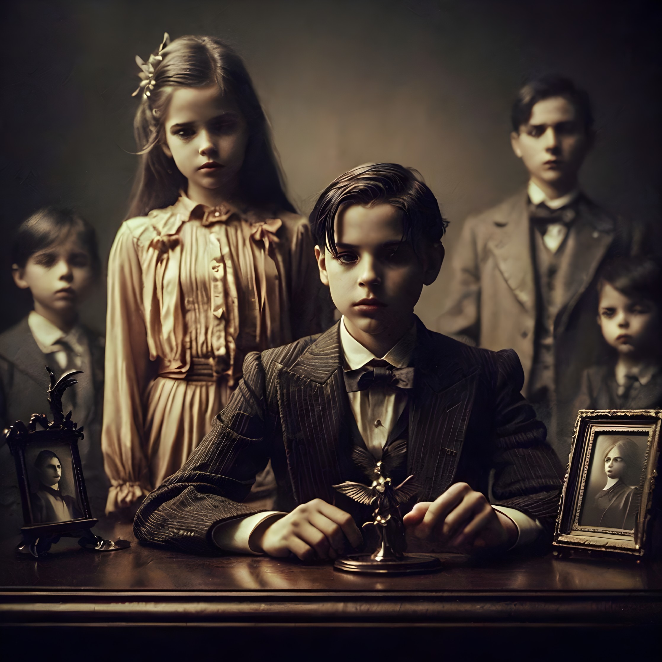 Children in a dimly lit room with ornate table decor