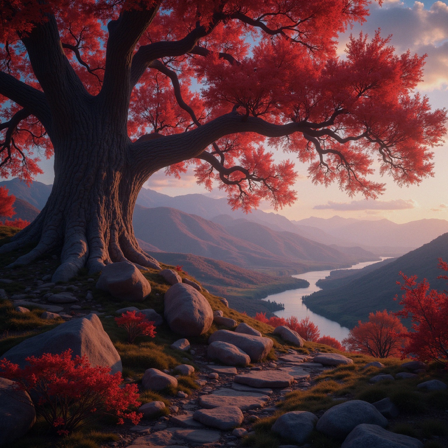Majestic Tree with Red Leaves Overlooking River and Mountains