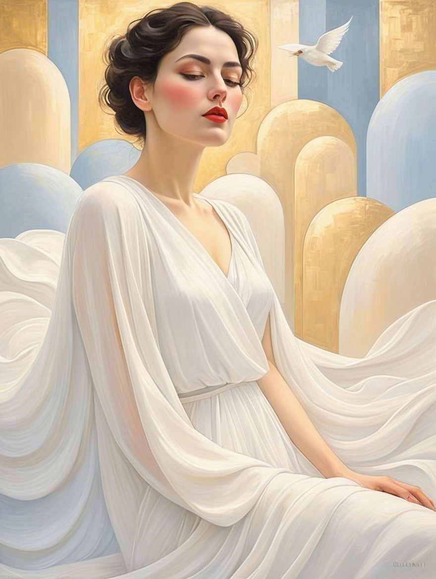 Serene Woman in White Gown with Dreamy Background