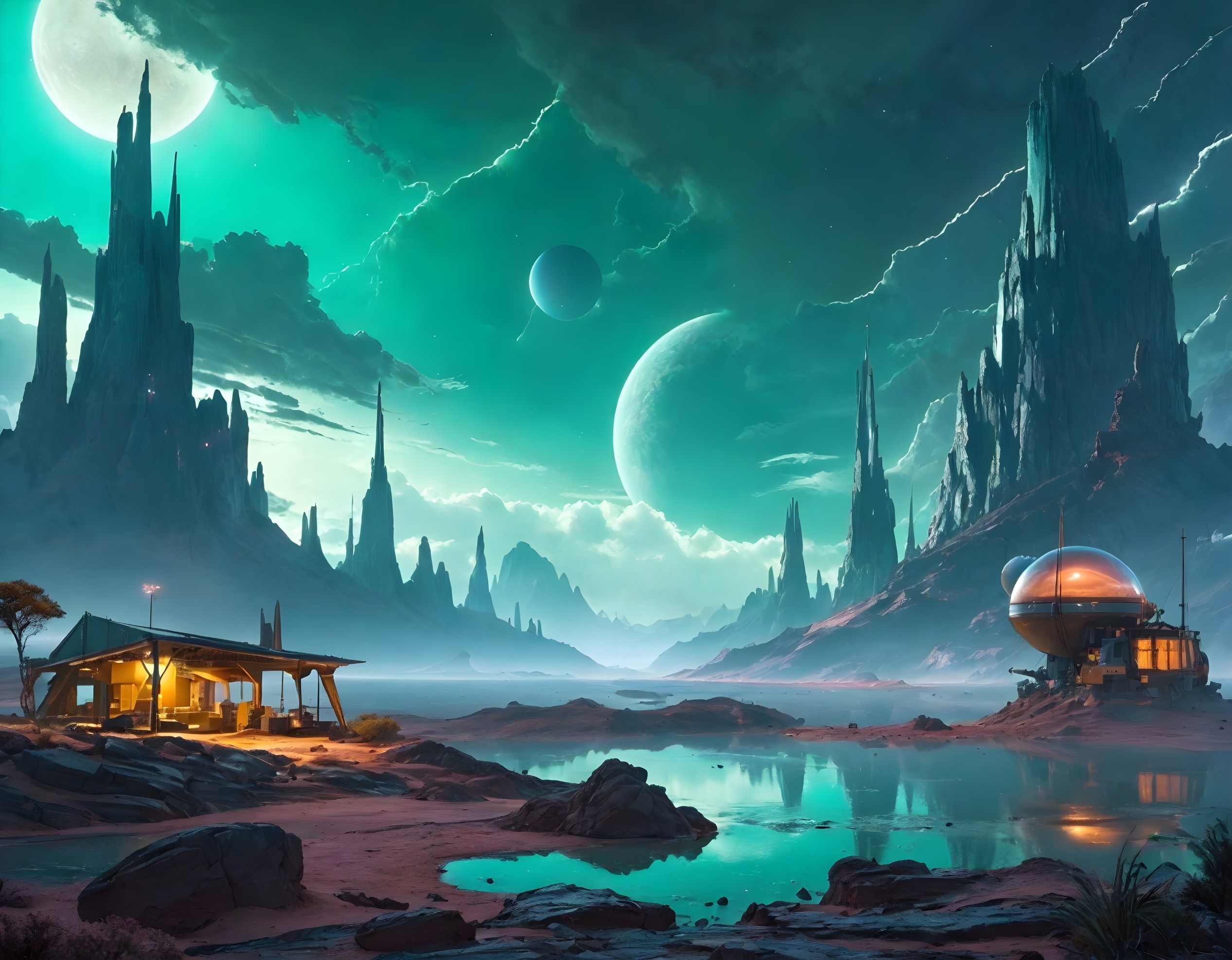 Alien landscape with spires, reflective lake, futuristic structures, and celestial bodies
