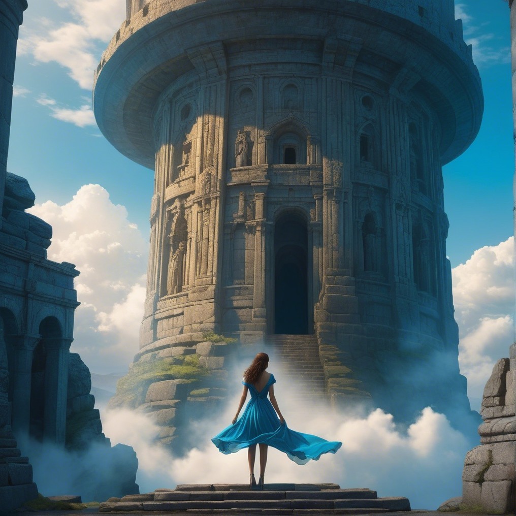 Figure in Blue Dress Before Intricate Stone Tower