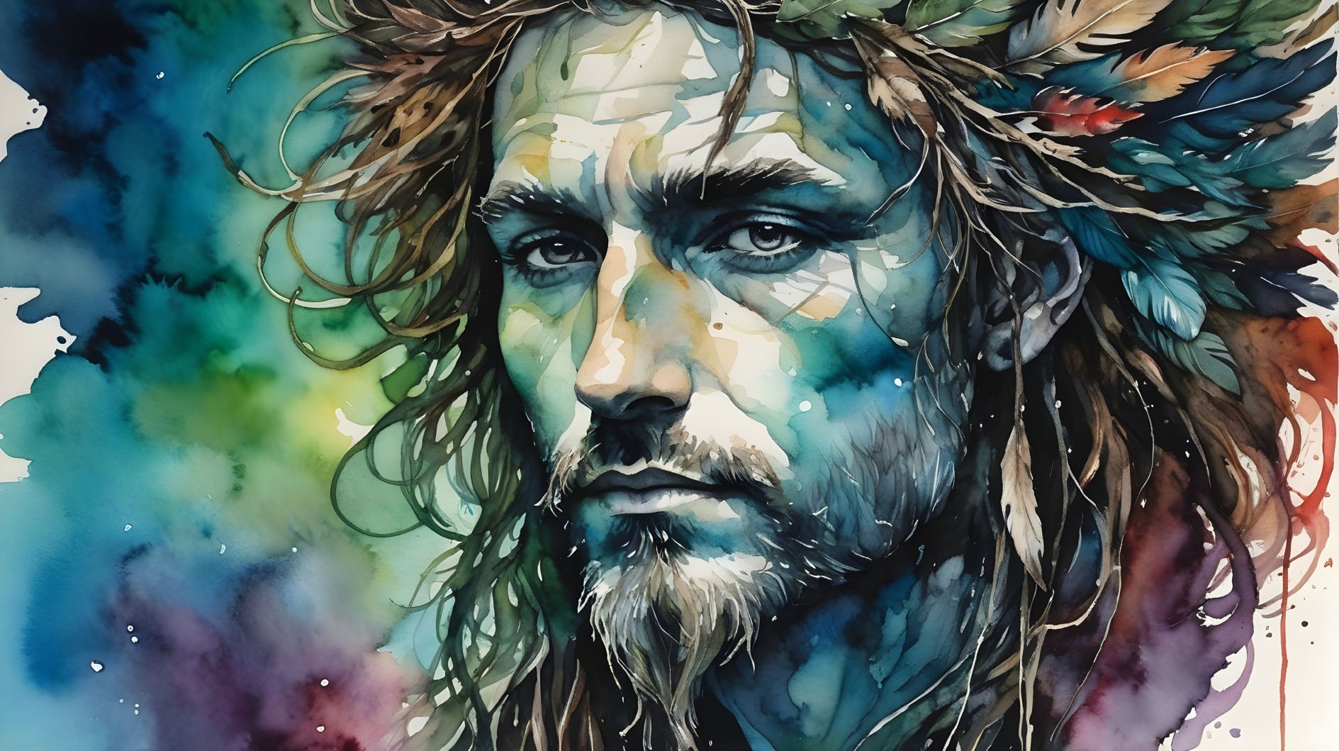 Watercolor Portrait of a Man with Nature Elements