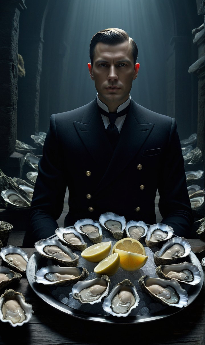 Sophisticated Man in Navy Suit with Oysters Displayed