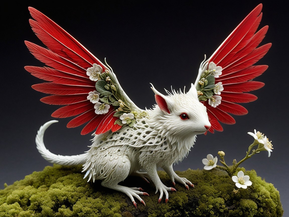 Whimsical Creature with Fur and Flowered Wings
