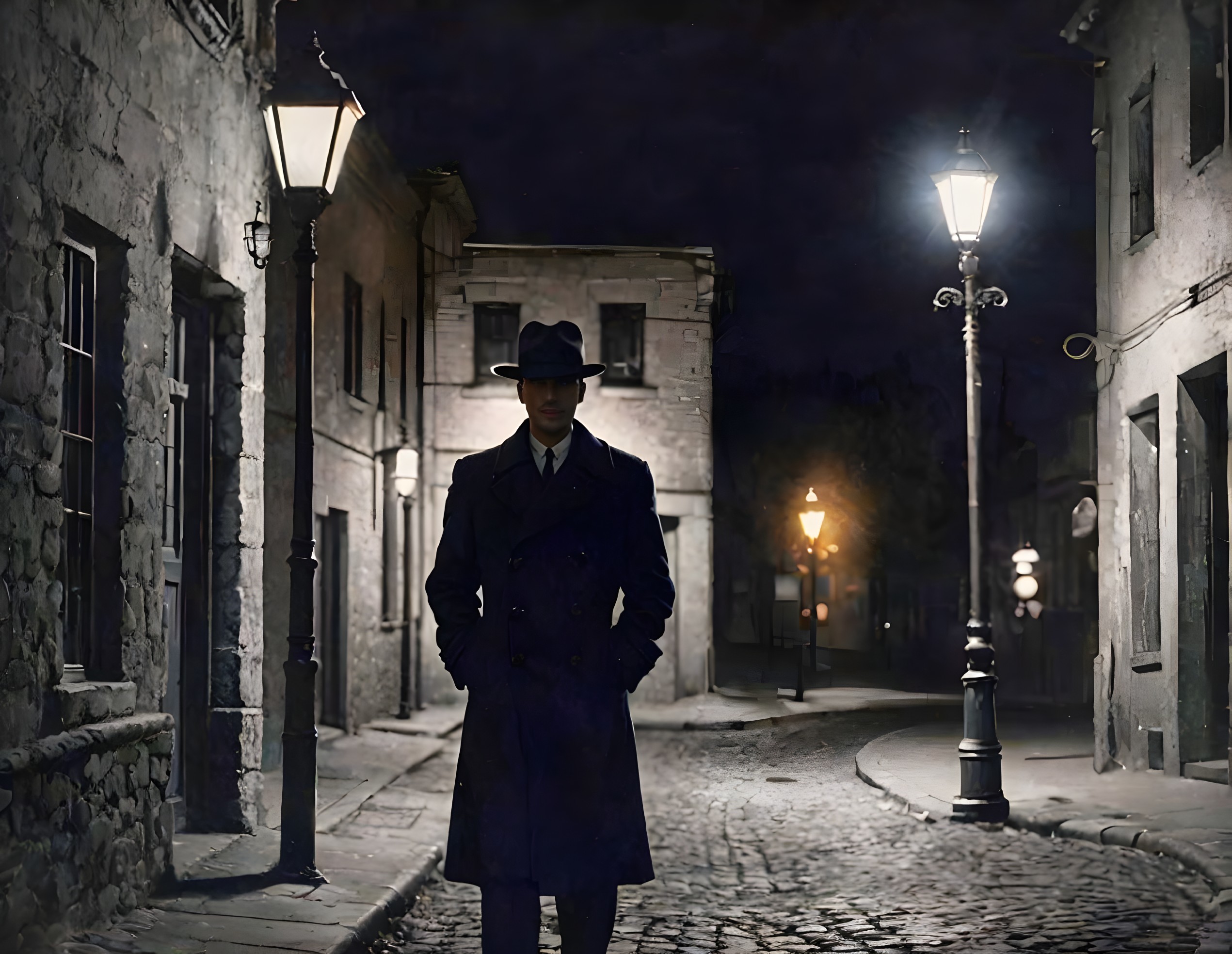 Solitary Figure Walking on Dimly Lit Cobblestone Street