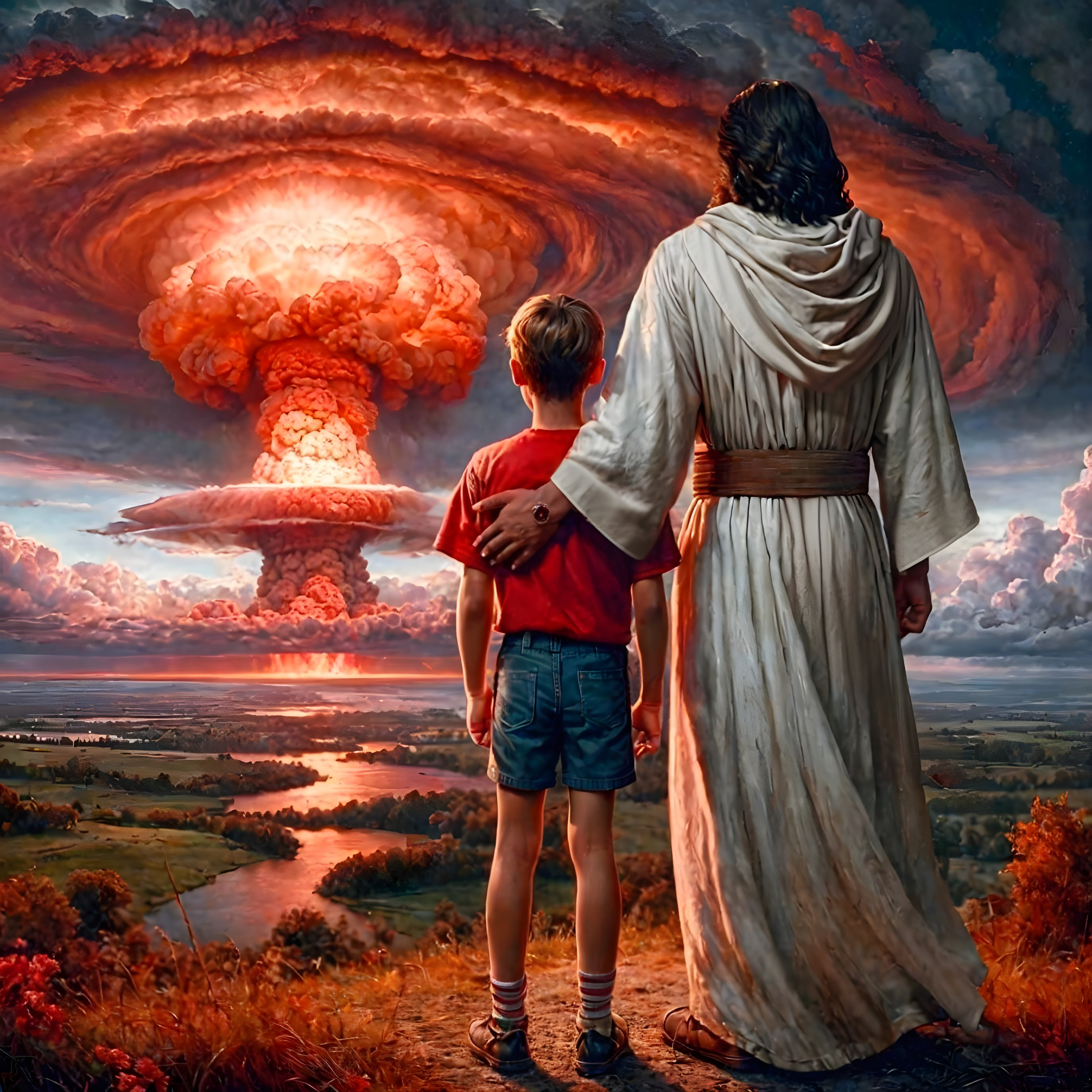Man and boy contemplate mushroom cloud in vivid sky
