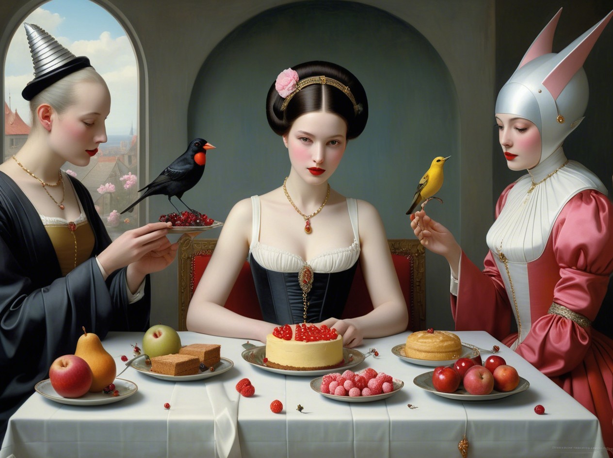 Three Women at a Lavish Table with Fruits and Birds