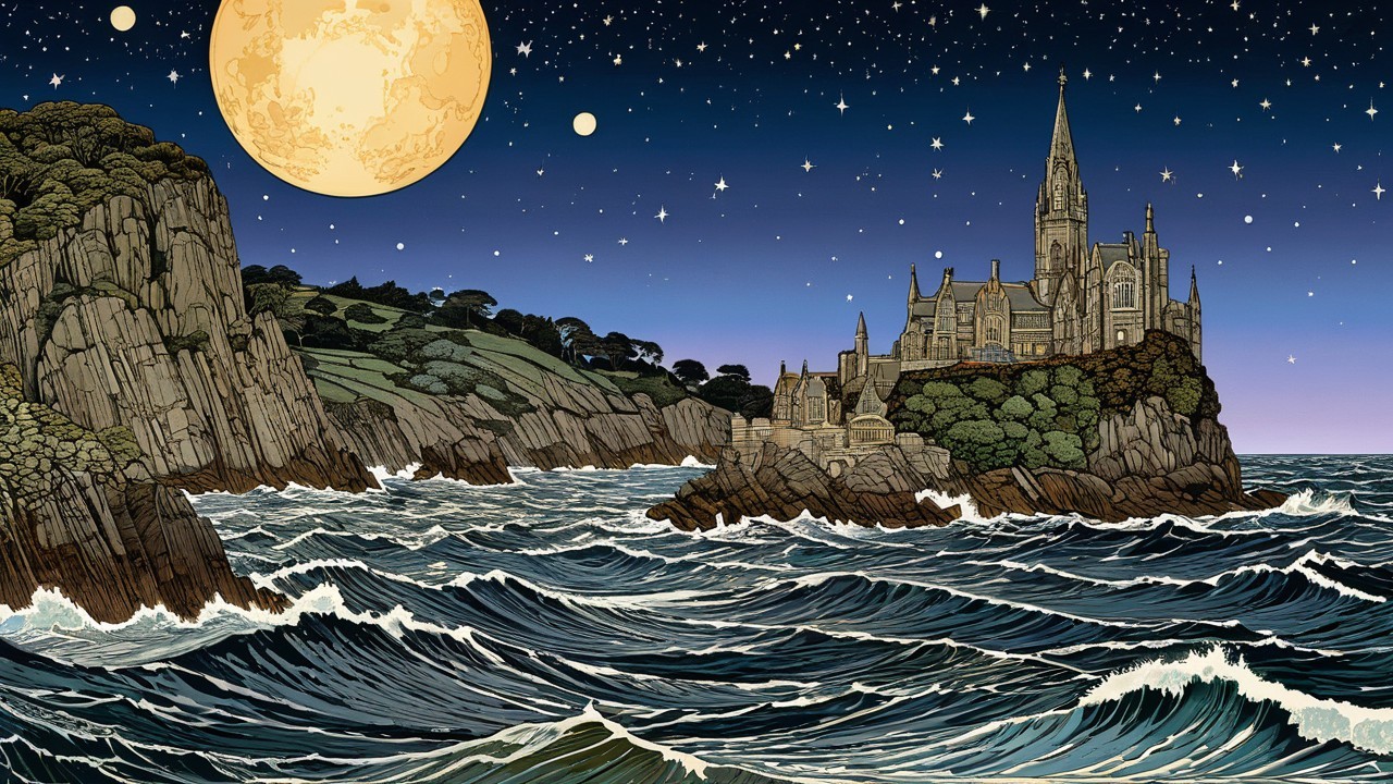 Castle on Cliff Under Moonlit Night Sky
