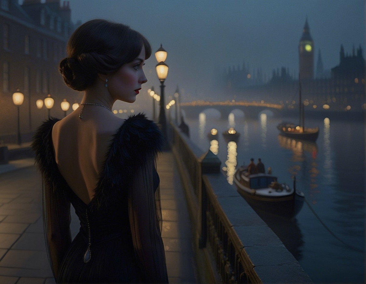 Elegant woman in dark gown by foggy river at night
