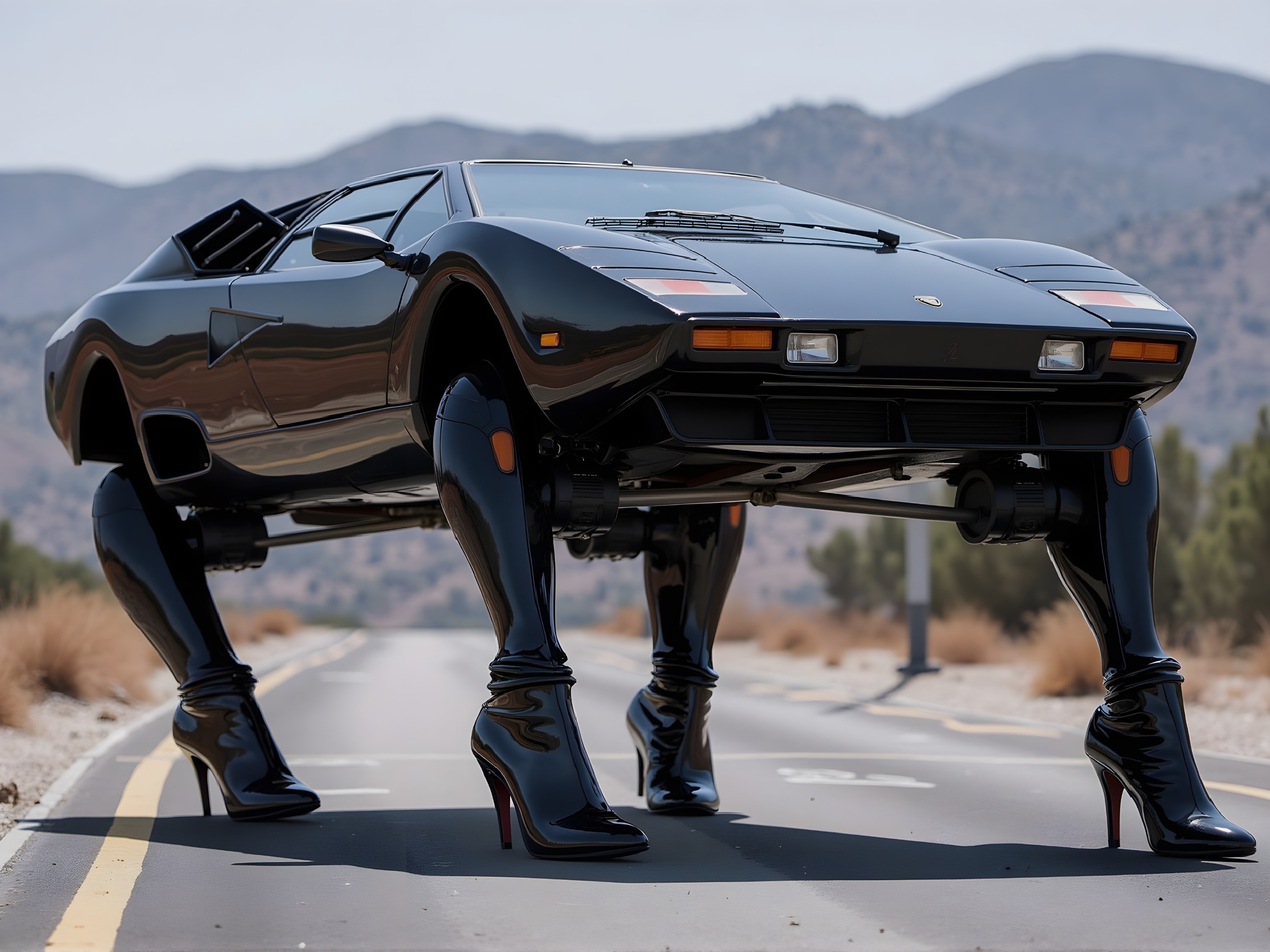 Black Sports Car with High-Heeled Stiletto Legs