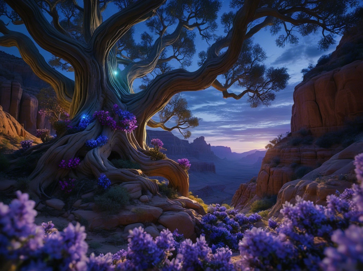Ancient Tree with Purple Flowers by Canyon at Twilight
