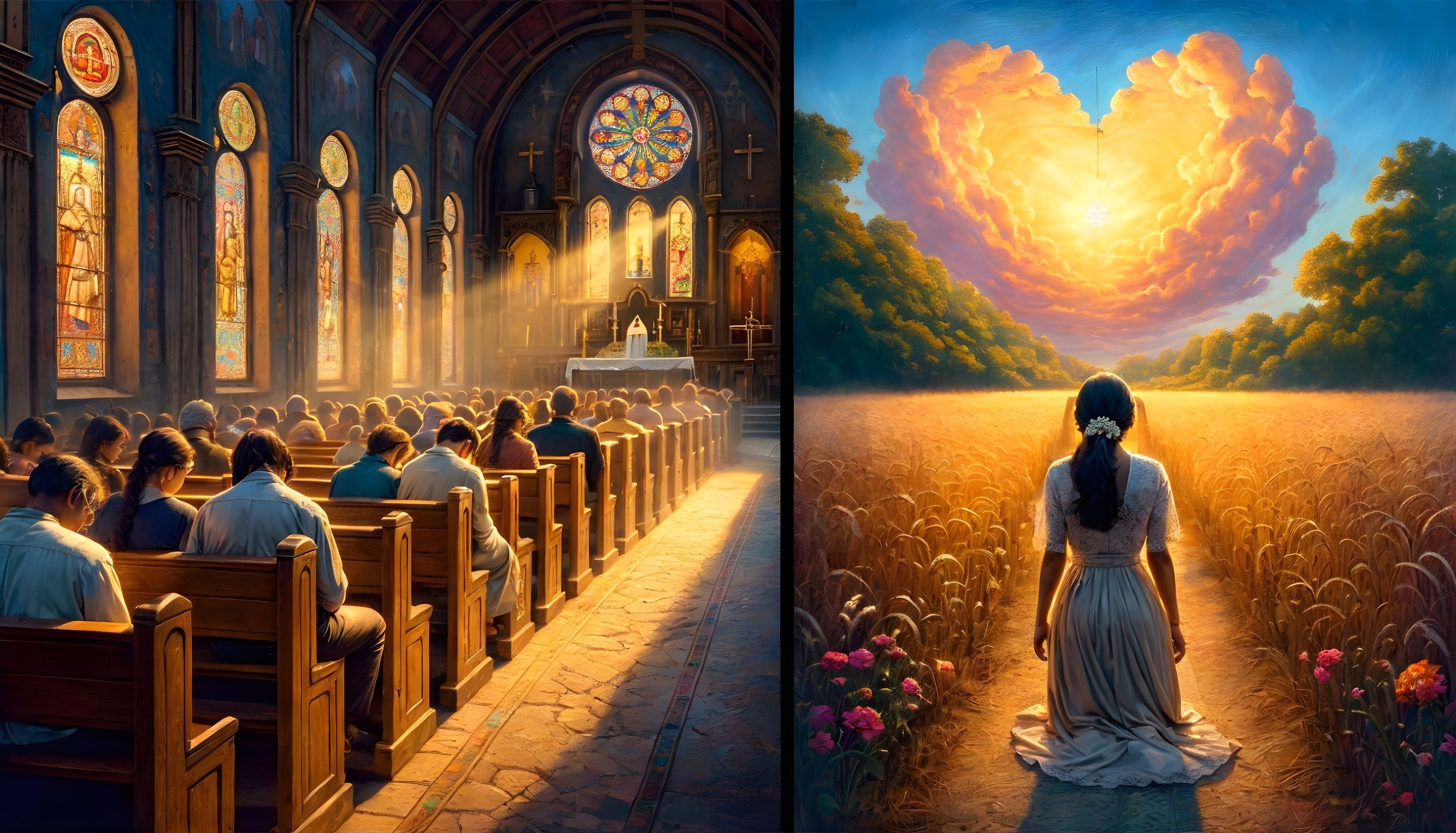 Church Interior and Sunlit Field with Heart Cloud