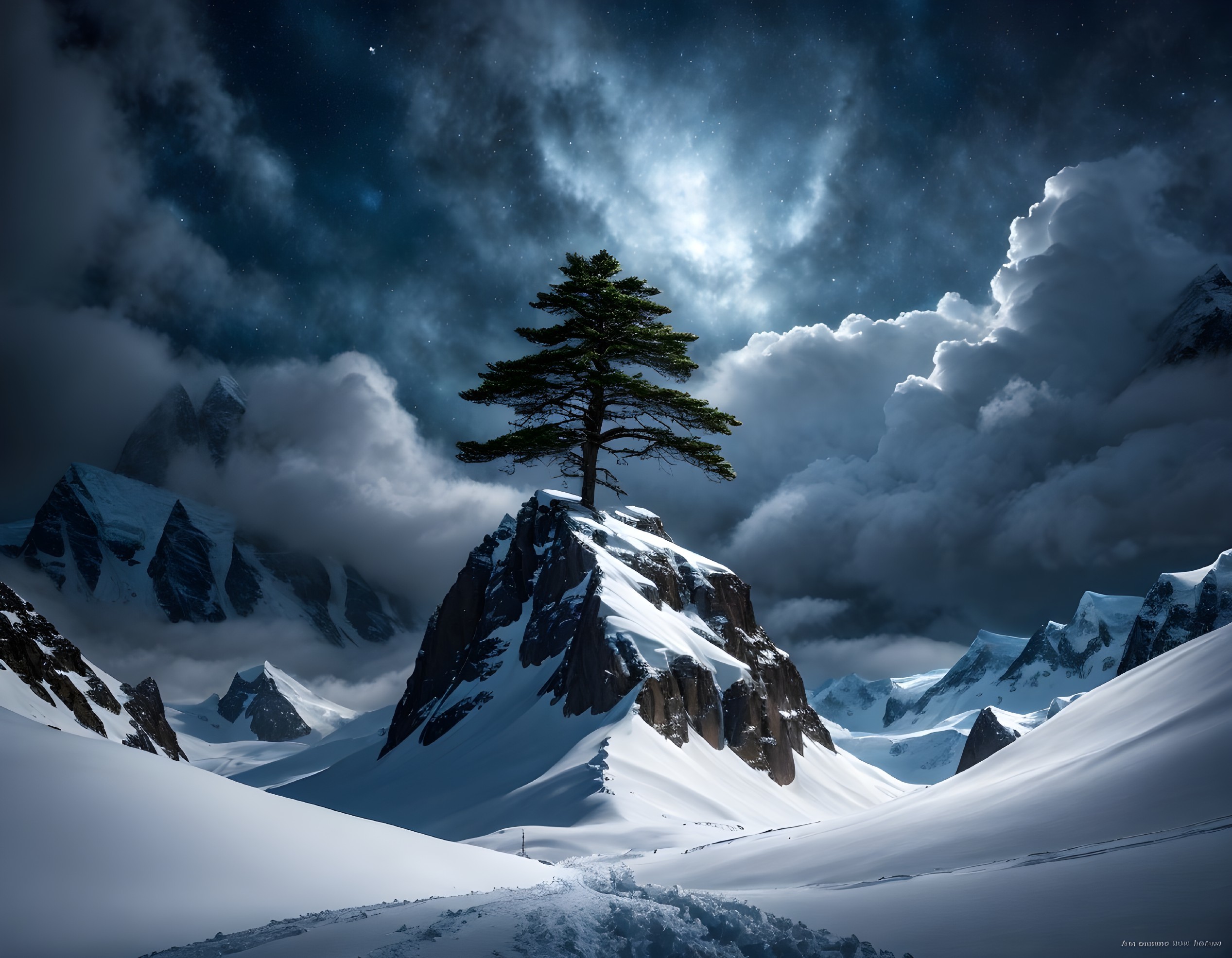 Solitary tree on snow-covered peak under starry night sky
