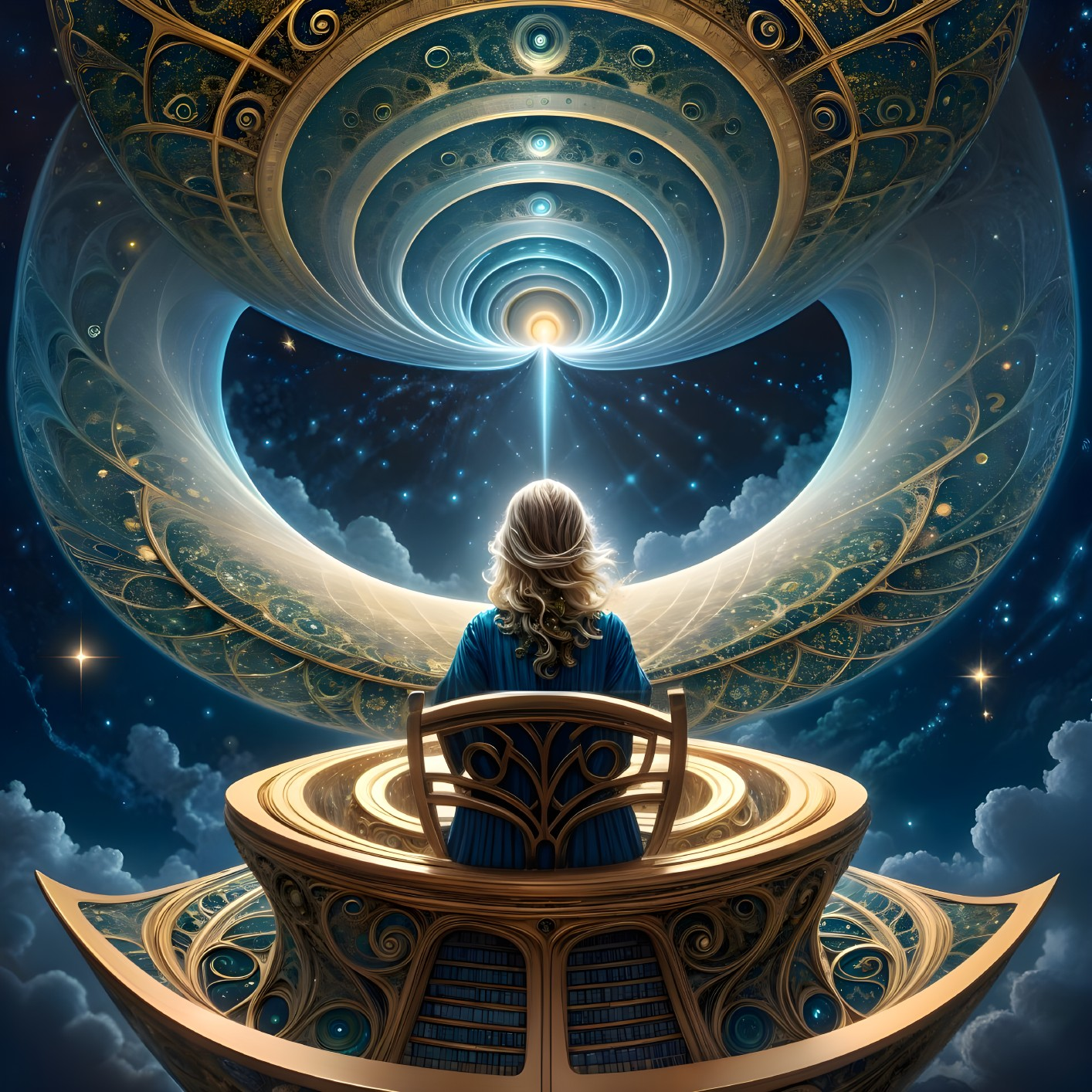 Surreal Cosmic Scene with Ornate Chair and Vortex