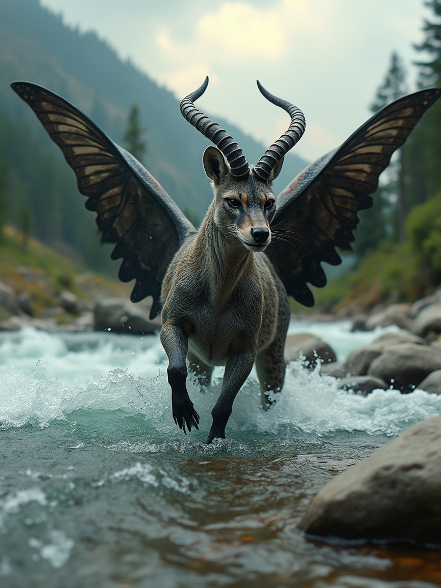 Majestic Creature with Wings in Lush River Landscape