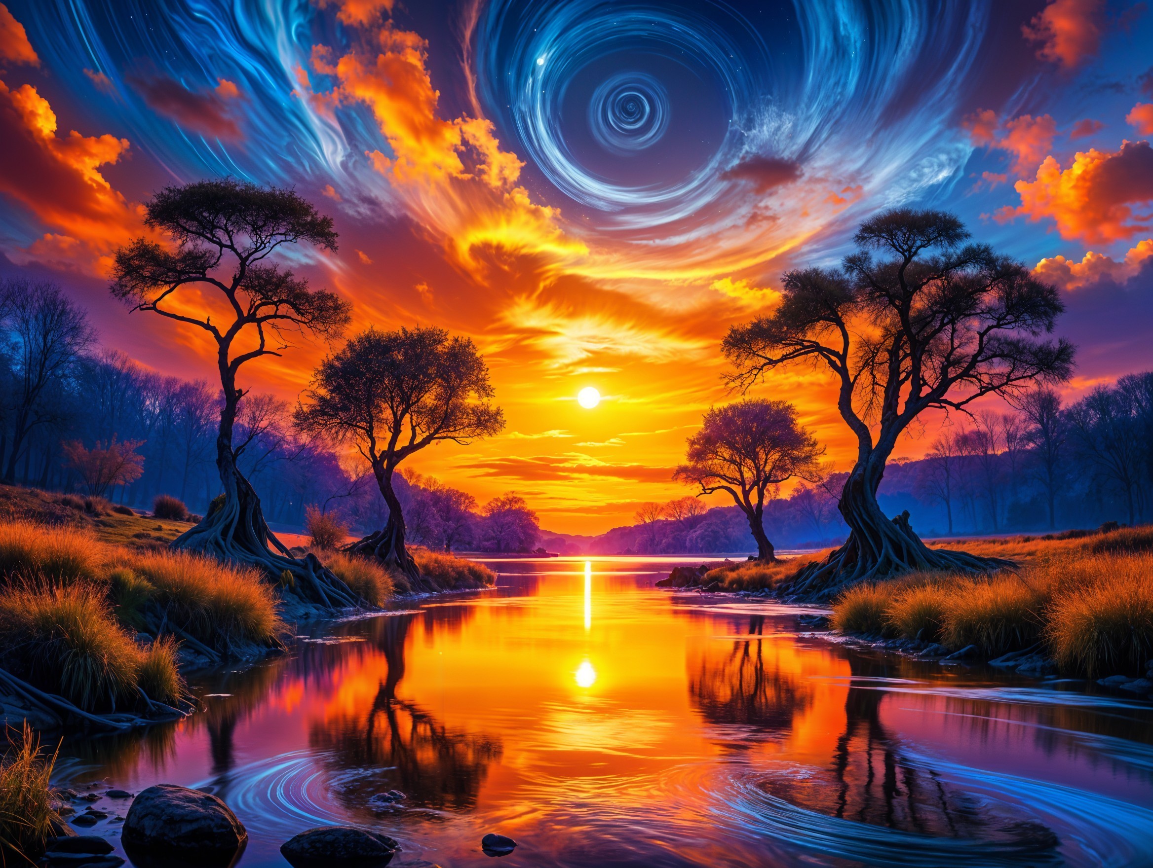 Vibrant Sunset Over Tranquil River Landscape